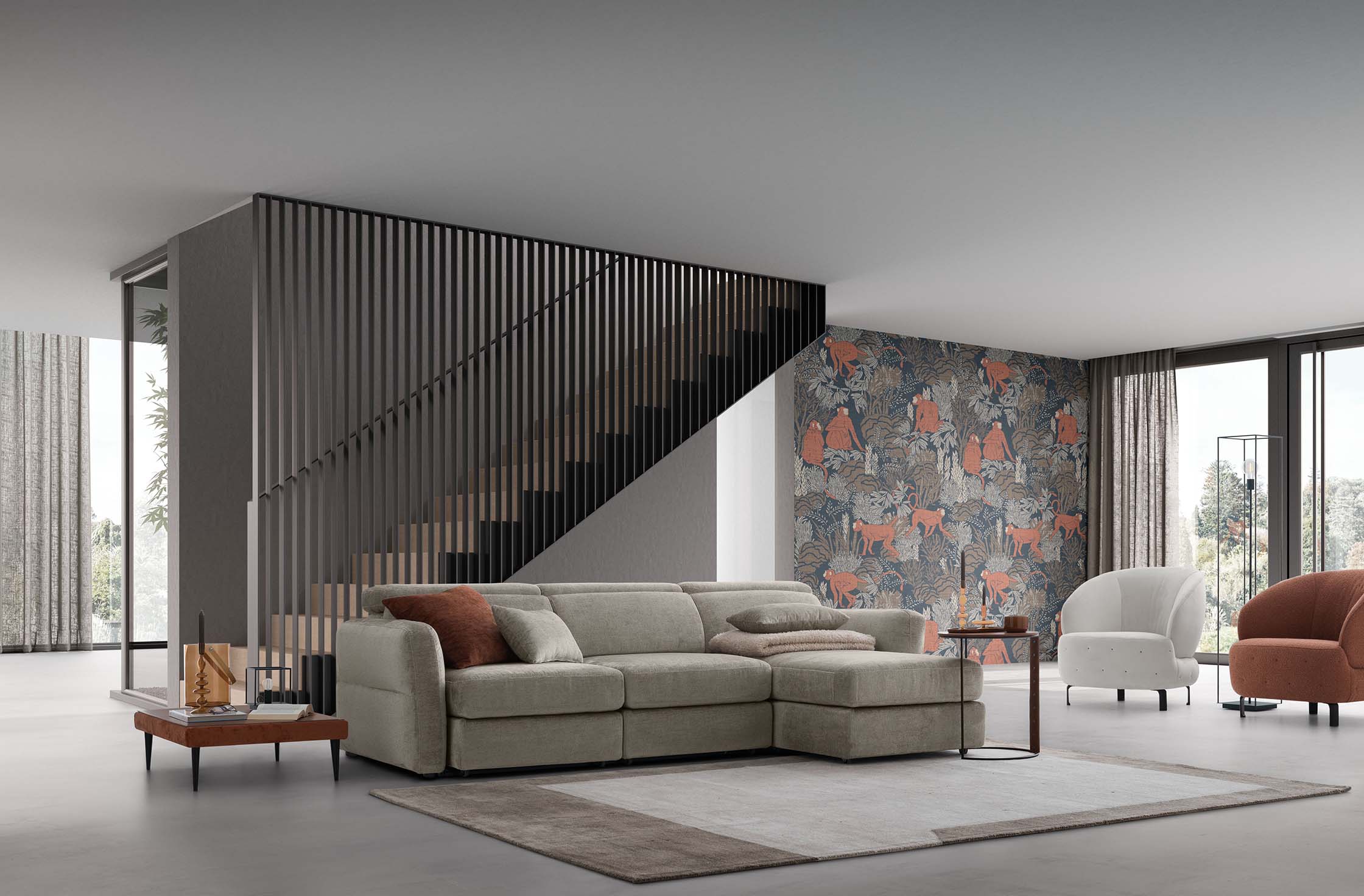 Sand-colored sofa with chaise longue and adjustable headrests in a modern and designer living room