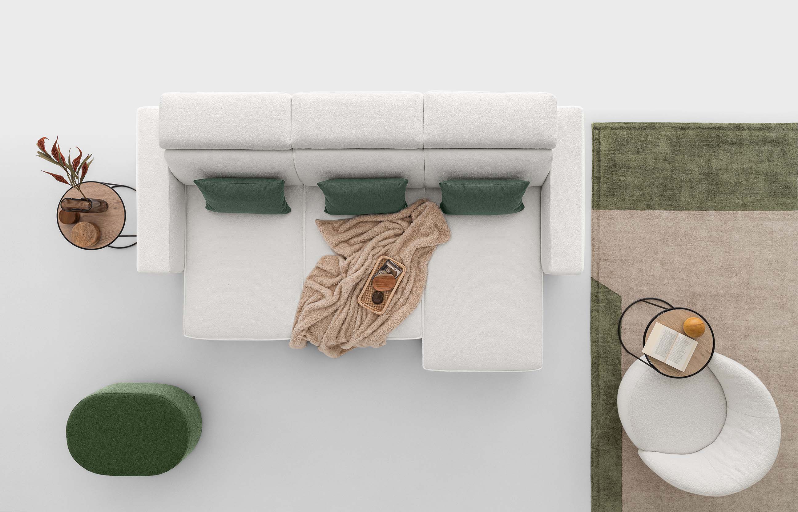 White sofa seen from above: square armrests and sliding seat that opens wider than the other two seats