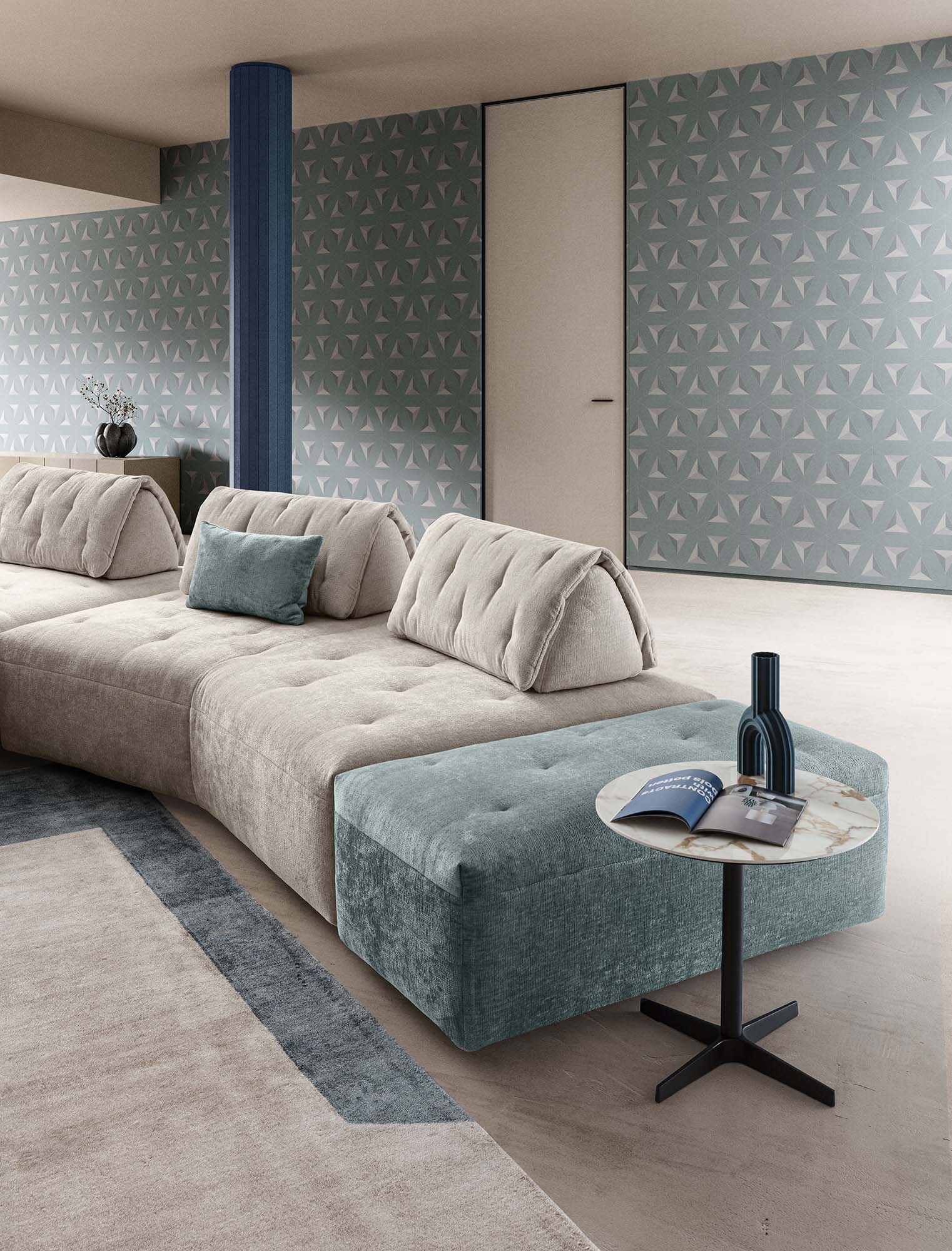 Detail of the subtle quilting on the seats and backrests of the Houston model by LeComfort with low legs.