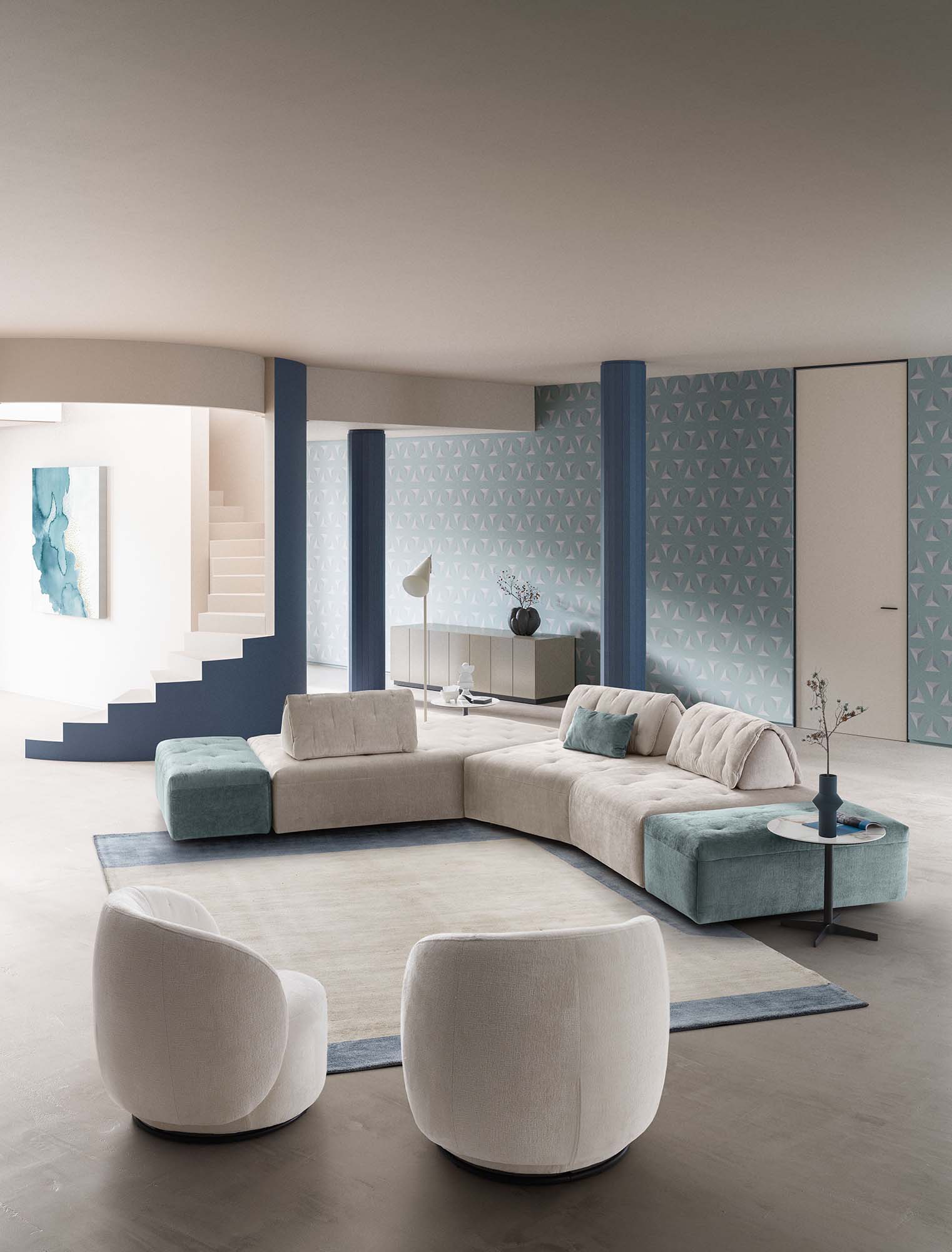 Houston modular sofa in an angular composition with an asymmetrical corner base in a spacious modern living room.
