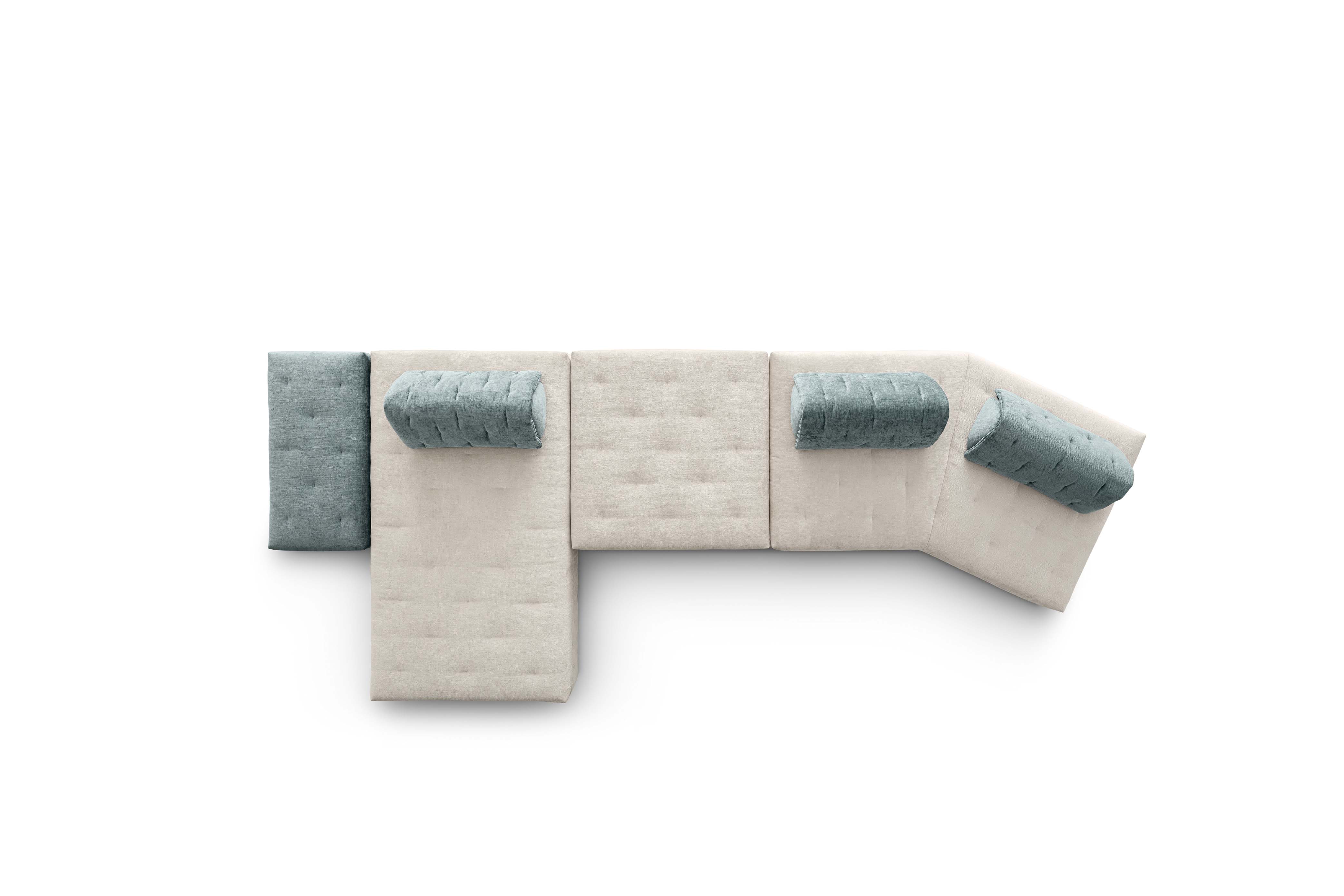 Modular sofa with quilted upholstery in white and powder blue colors.