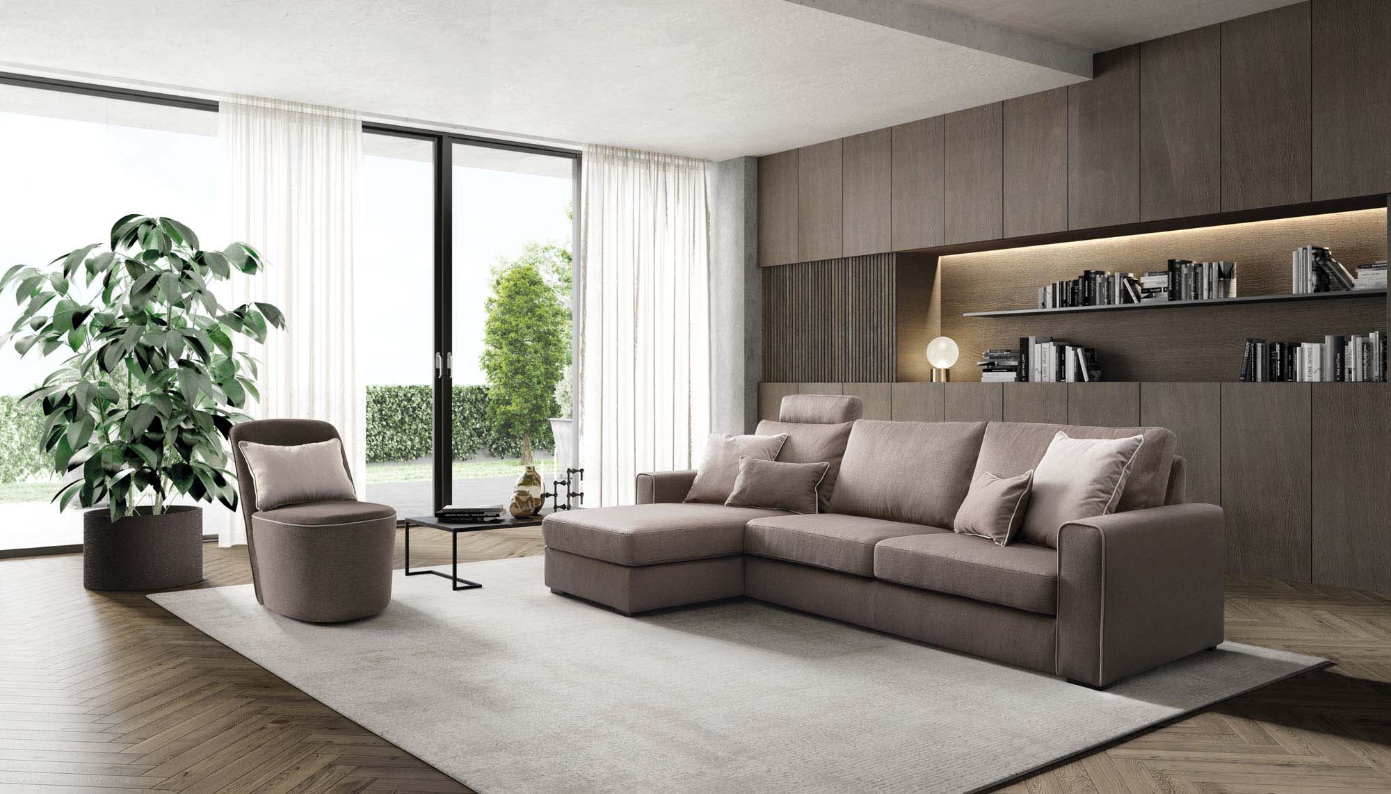 Living room furnished with a brown fabric chaise longue sofa.