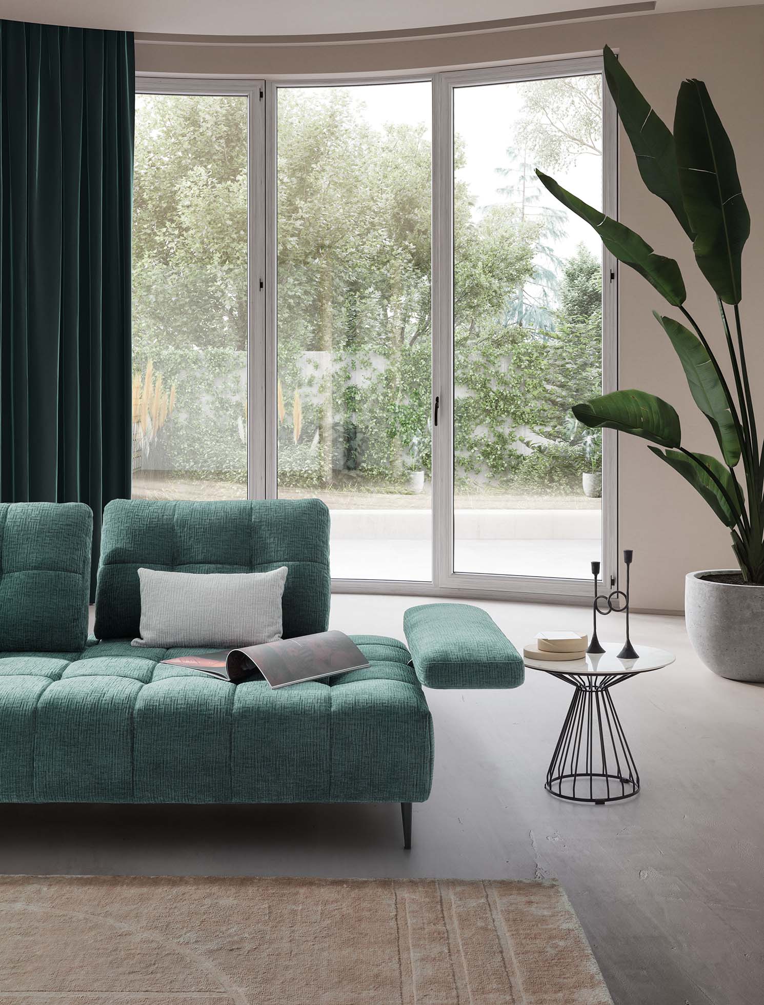 Quilted and velvet-like fabric sofa with open adjustable armrest. Design solution