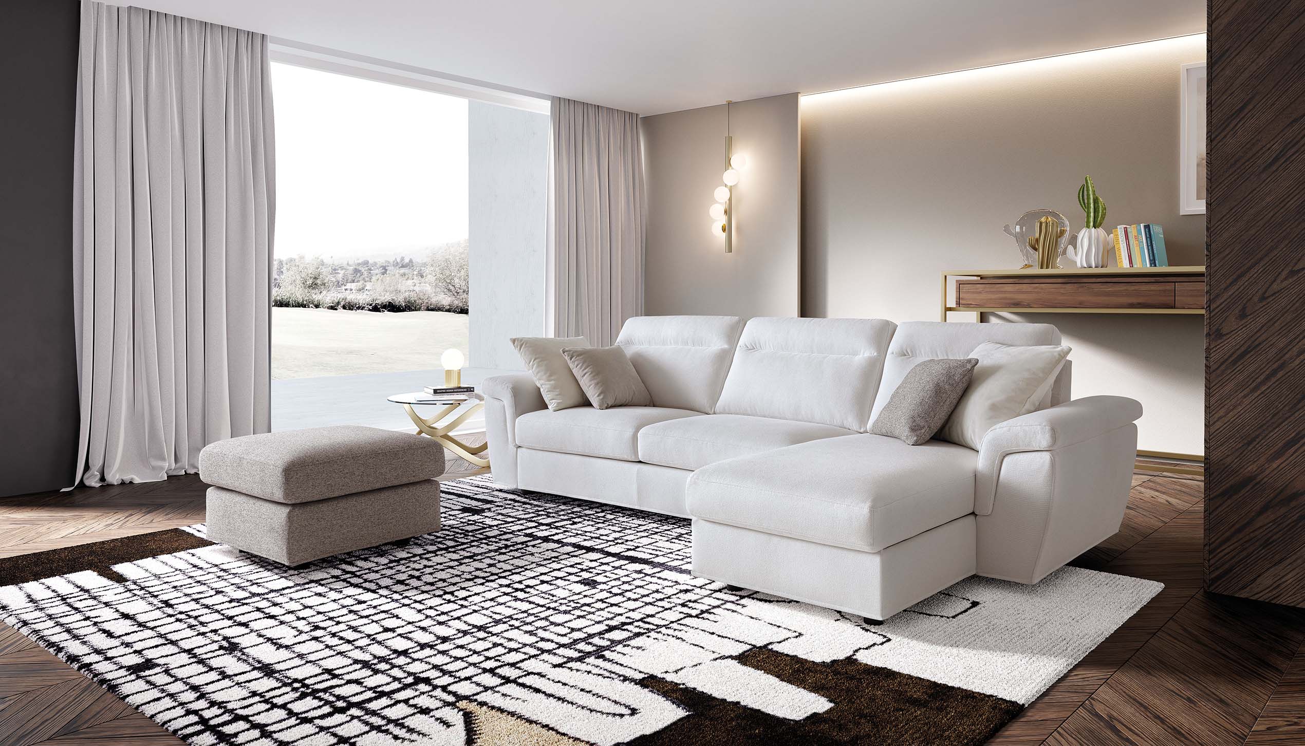 Modern living room furnished with a white Kallima sofa with chaise longue and a gray pouf