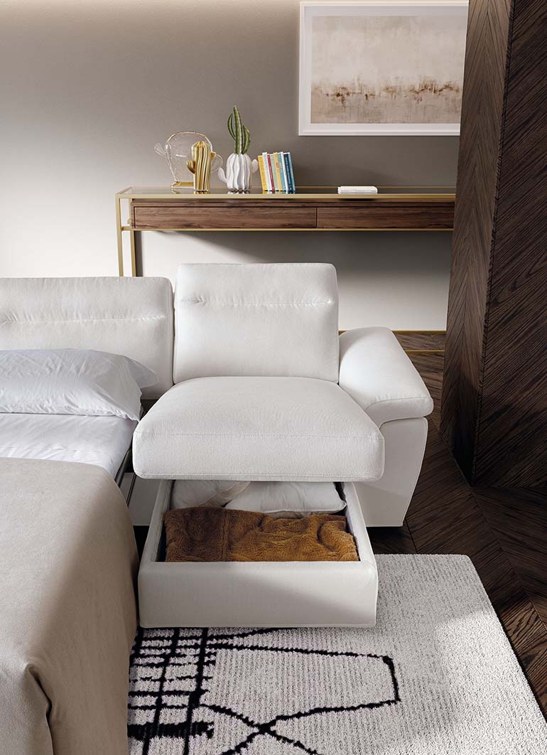 White Kallima convertible sofa with open side storage chaise longue