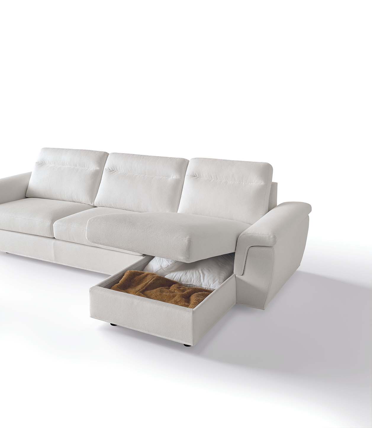 Modern white upholstered sofa with storage chaise longue. Backrests available in other versions