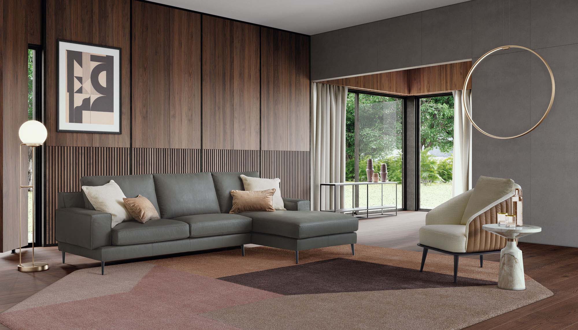 Modern and minimal chaise longue sofa in grey leather