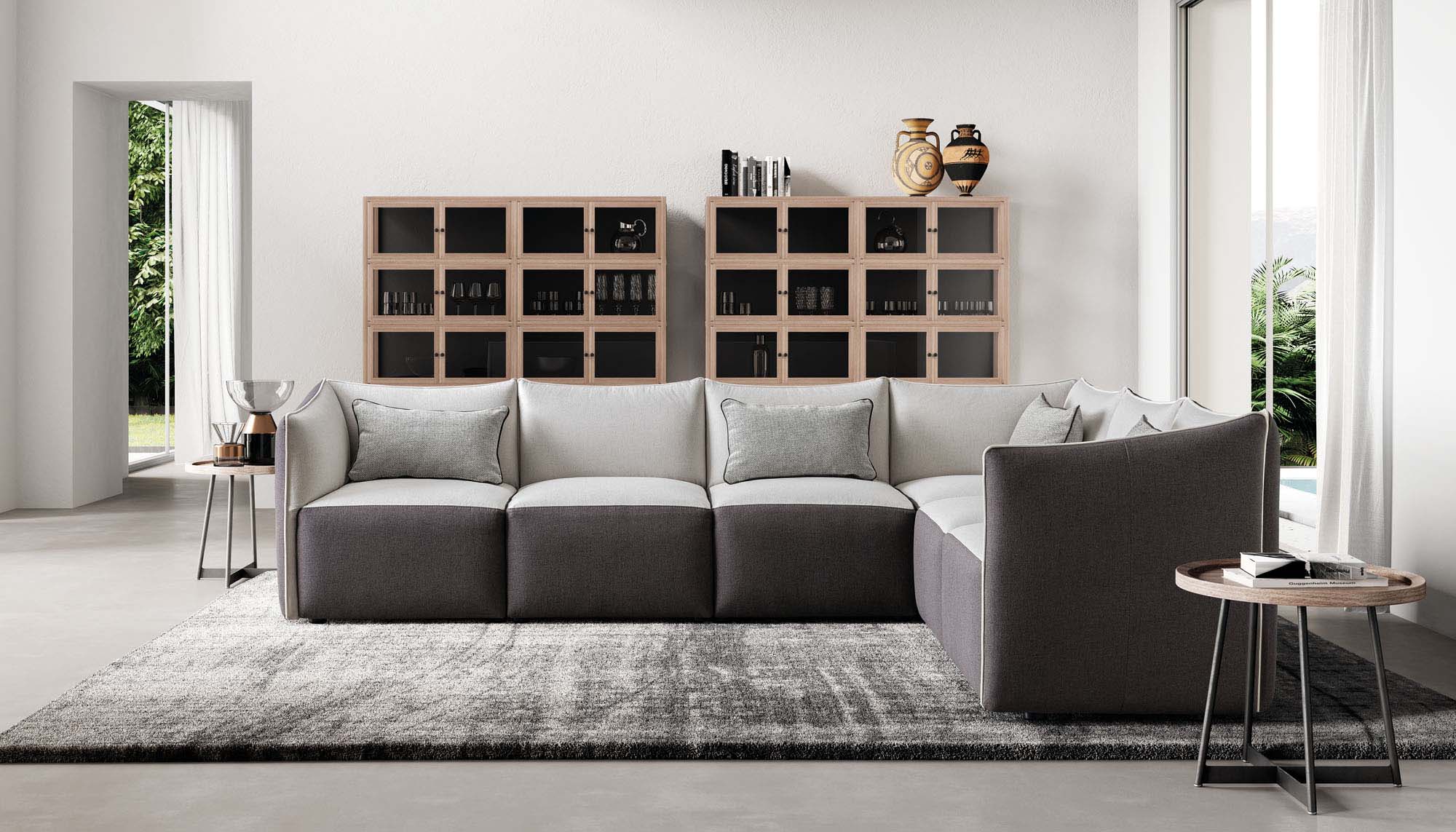 Living room furnished with a two-tone white and grey monocoque sofa