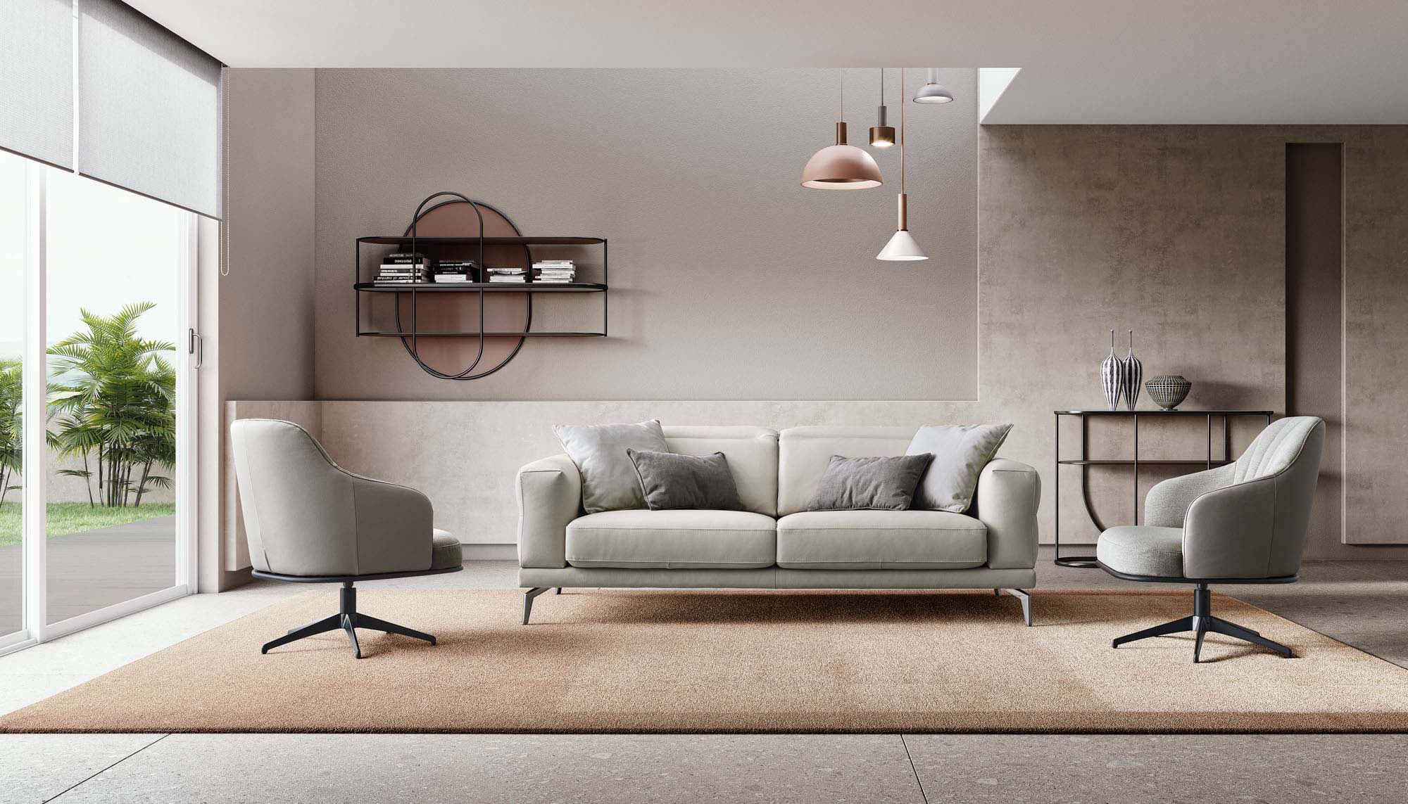 Cream-colored linear leather sofa with adjustable headrests