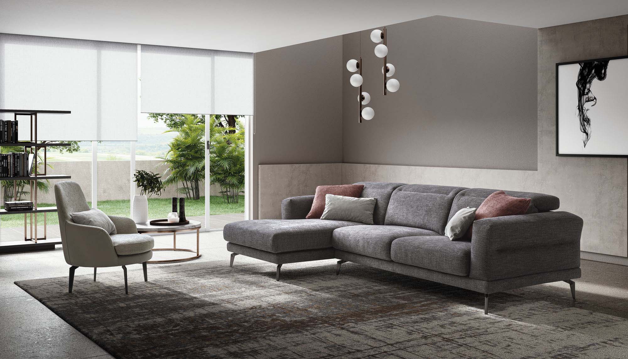Modern living room furnished with a grey modern sofa with high legs