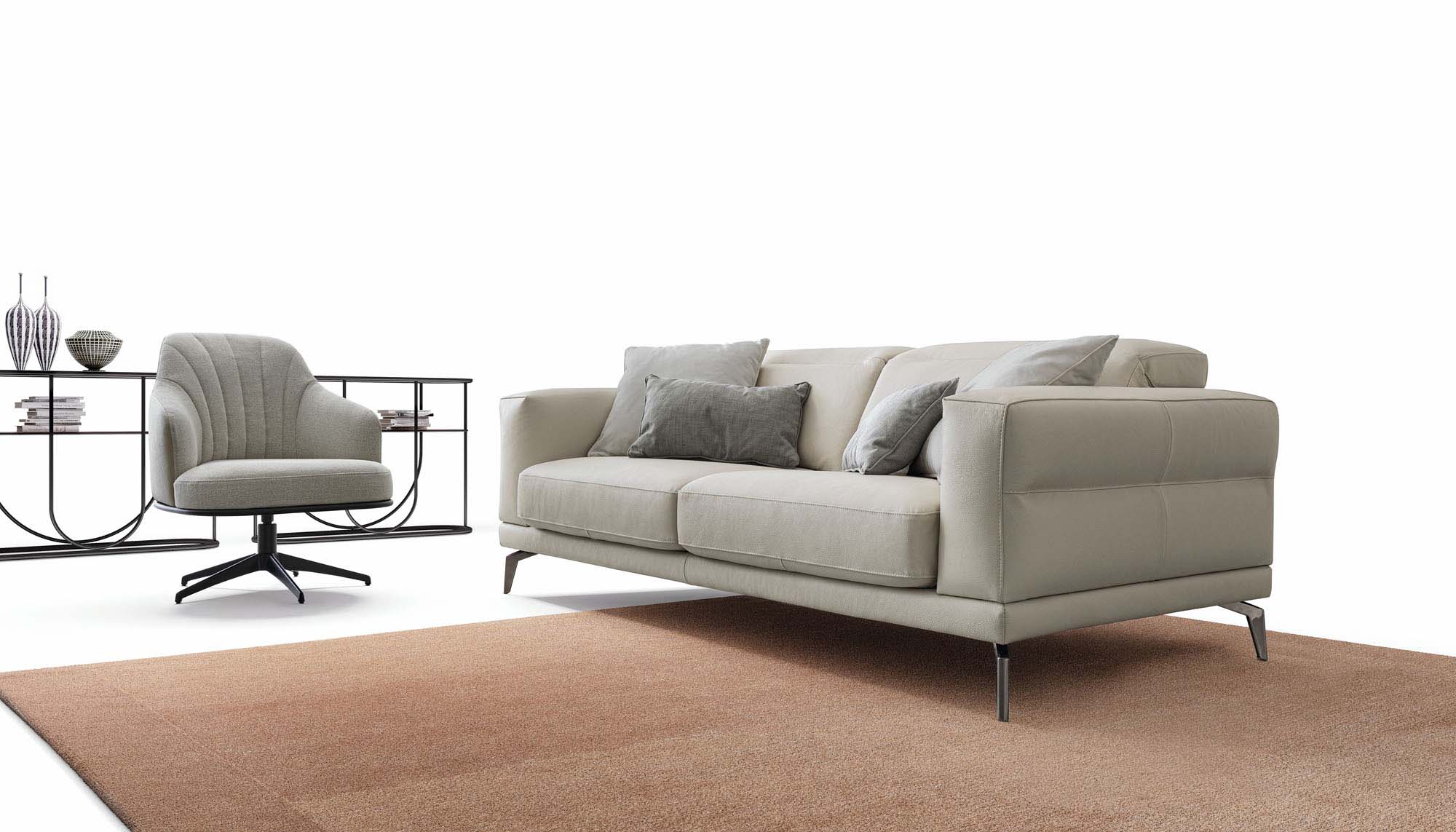 Lambert sofa, white leather version, paired with an armchair