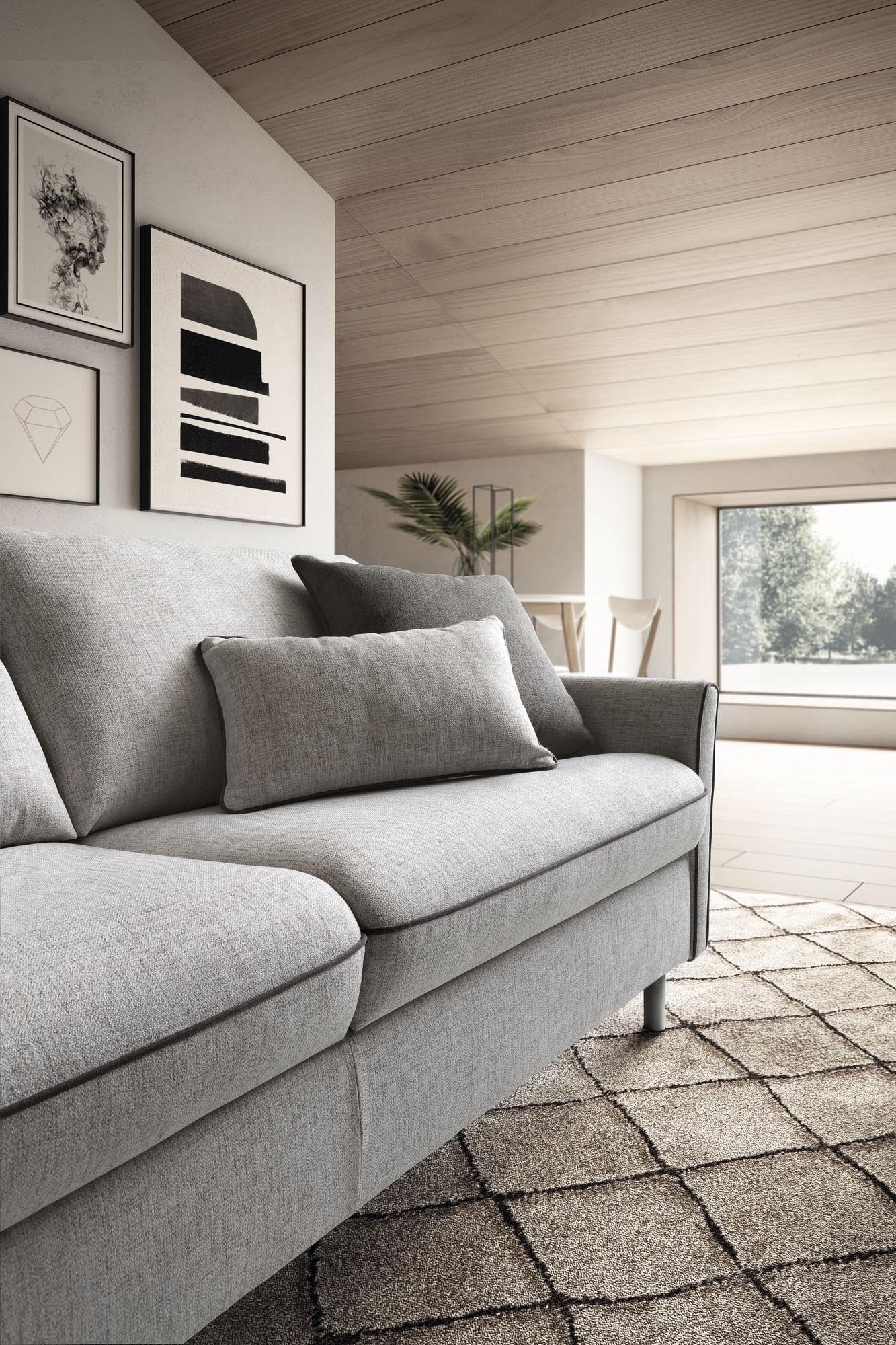 Detail of a linear gray fabric sofa without peninsula in a modern living room