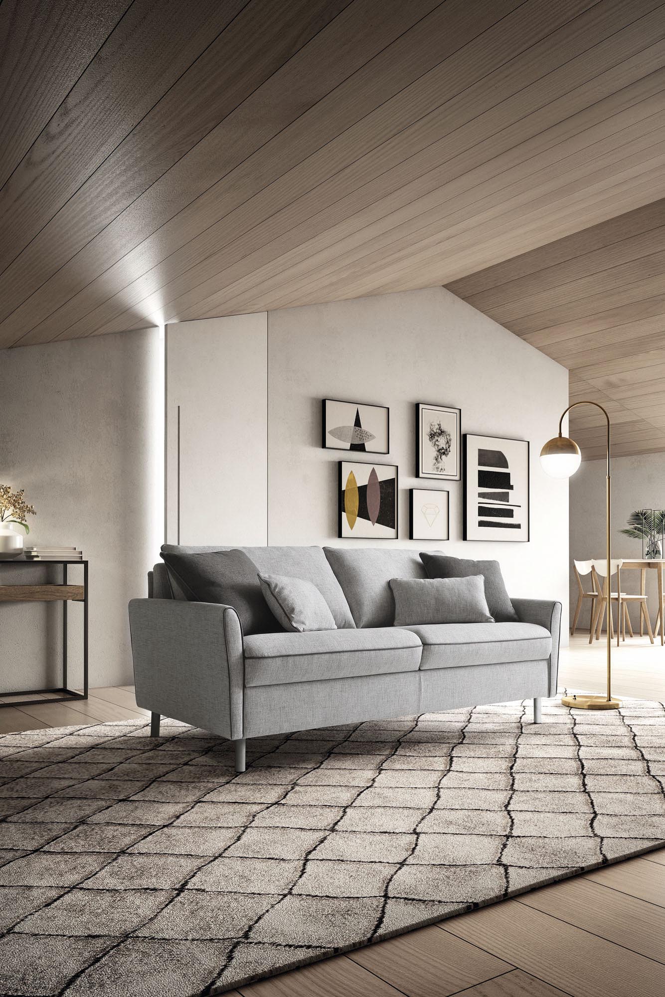 Elegant two-seater sofa bed with high feet placed in the living room on a modern textured rug