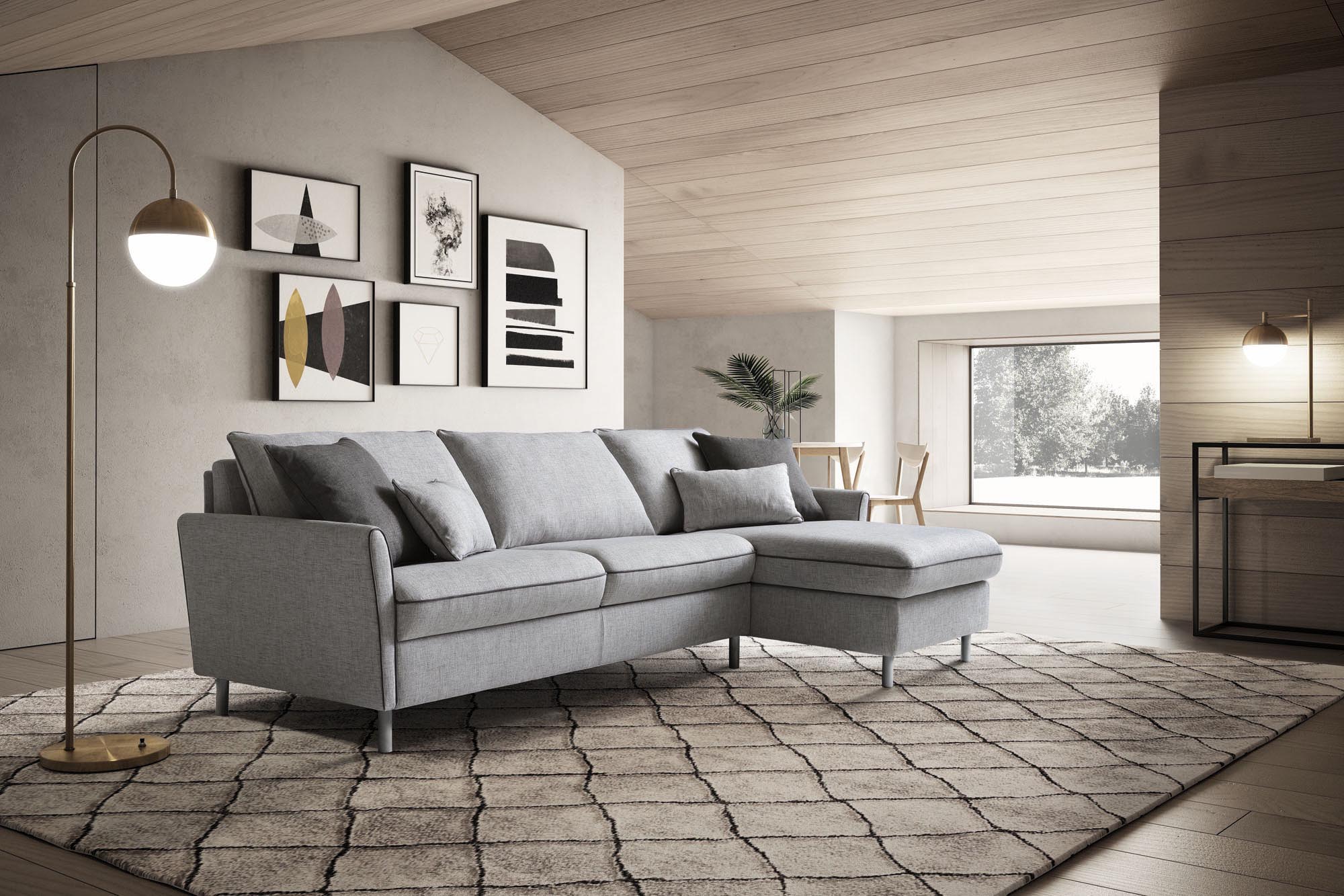 Living room furnished with a classic style gray sofa with side chaise longue