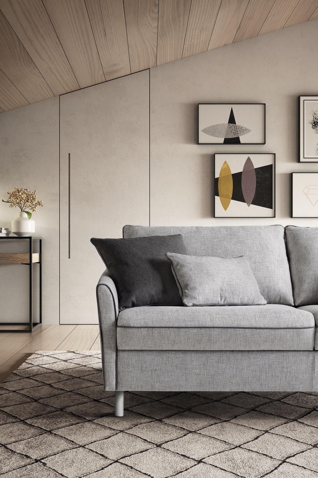 Detail of the thin and curved armrest of a Bali LeComfort sofa bed model