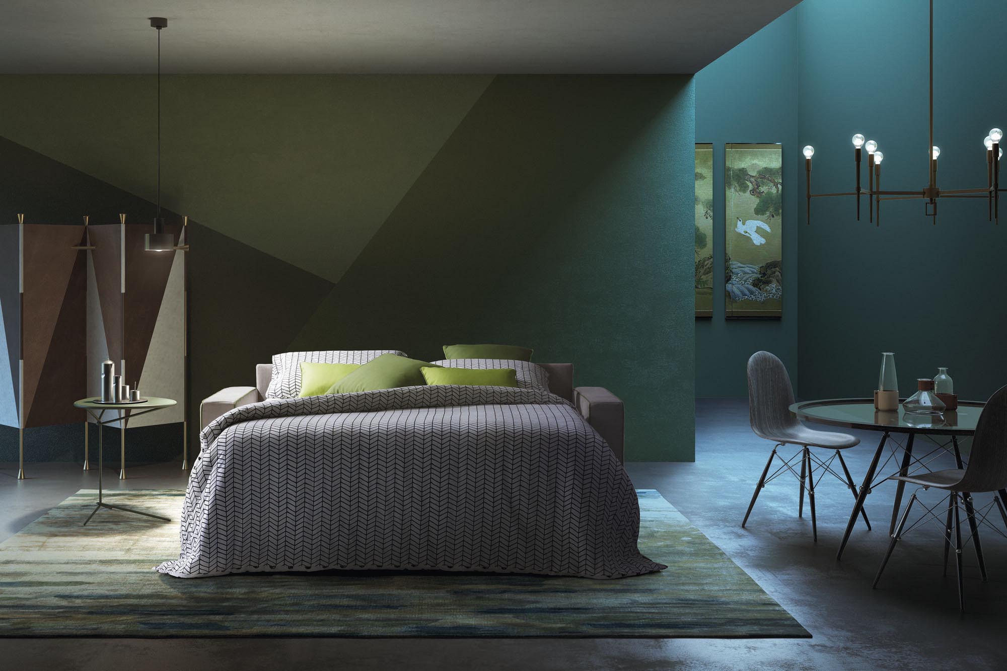 Convertible sofa opened with comfortable base and mattress, like in a bed