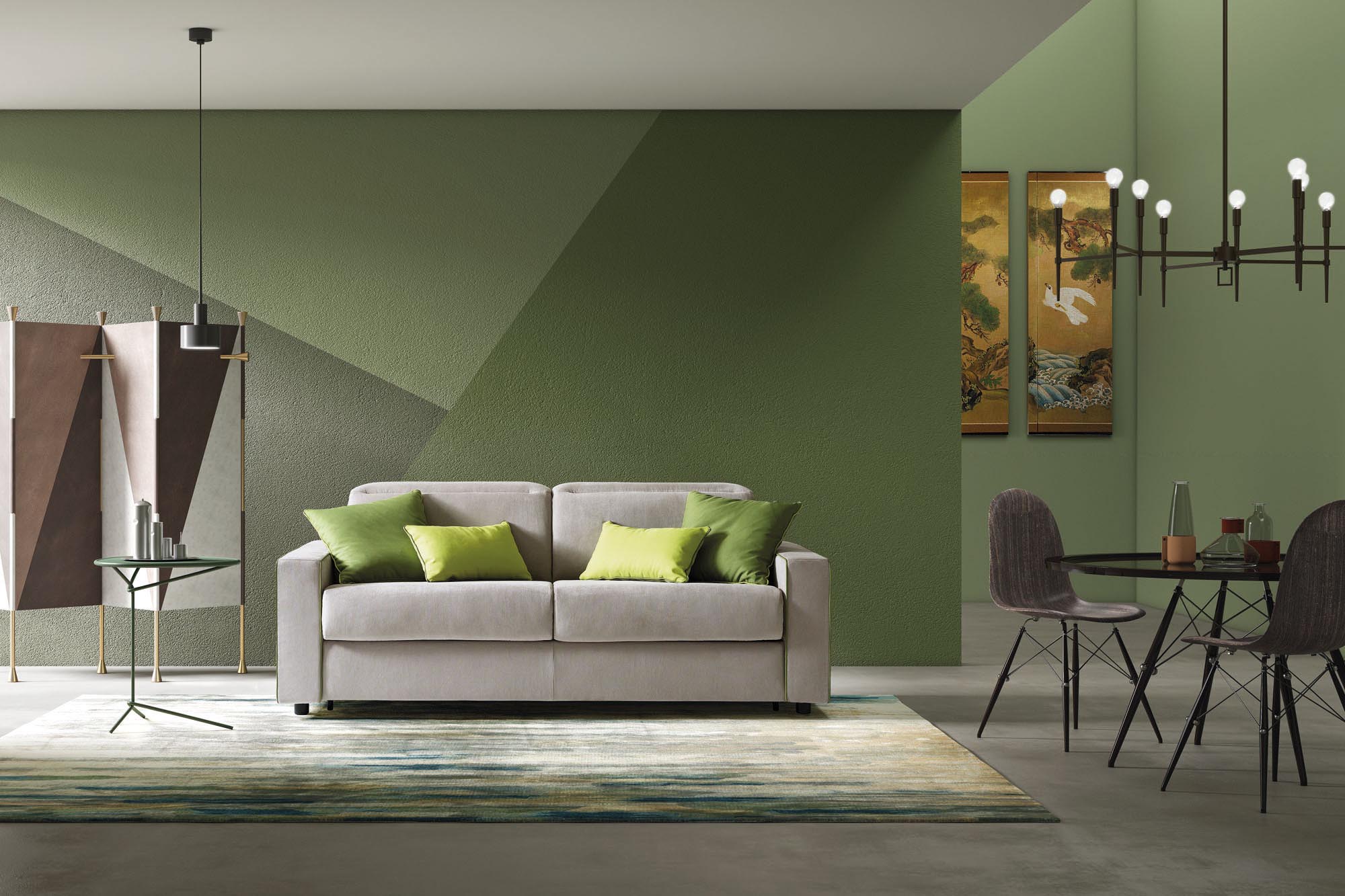 Modern two-seater sofa bed with wide, squared armrests and adjustable headrests