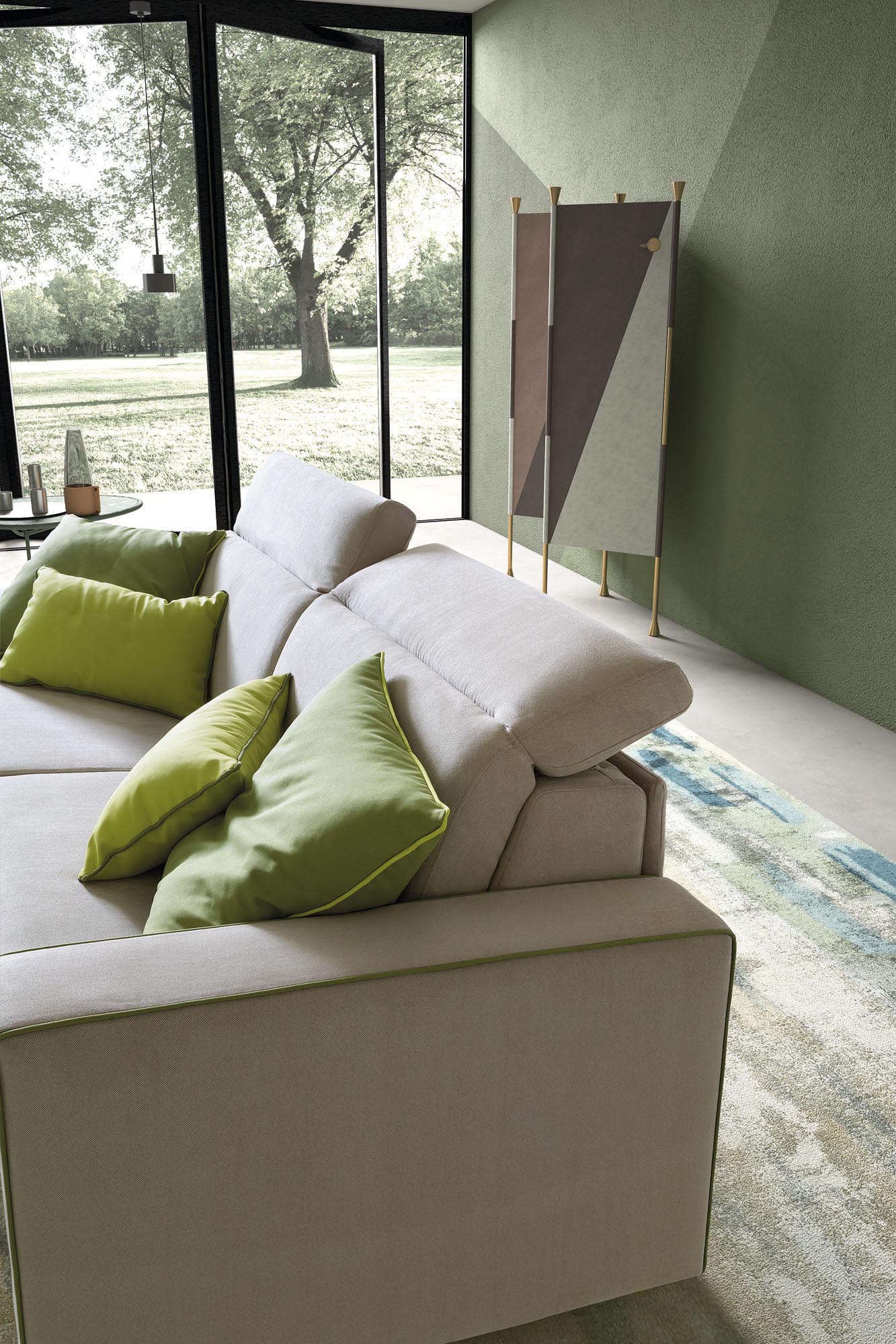 Closed or extended headrests of a sofa bed in a multifunctional living room