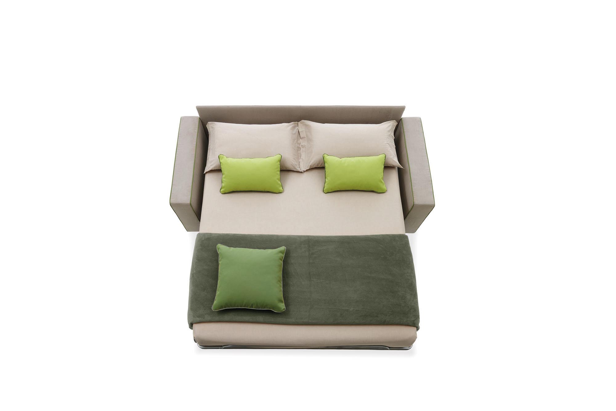 Convertible sofa opened with comfortable base and mattress, like in a bed