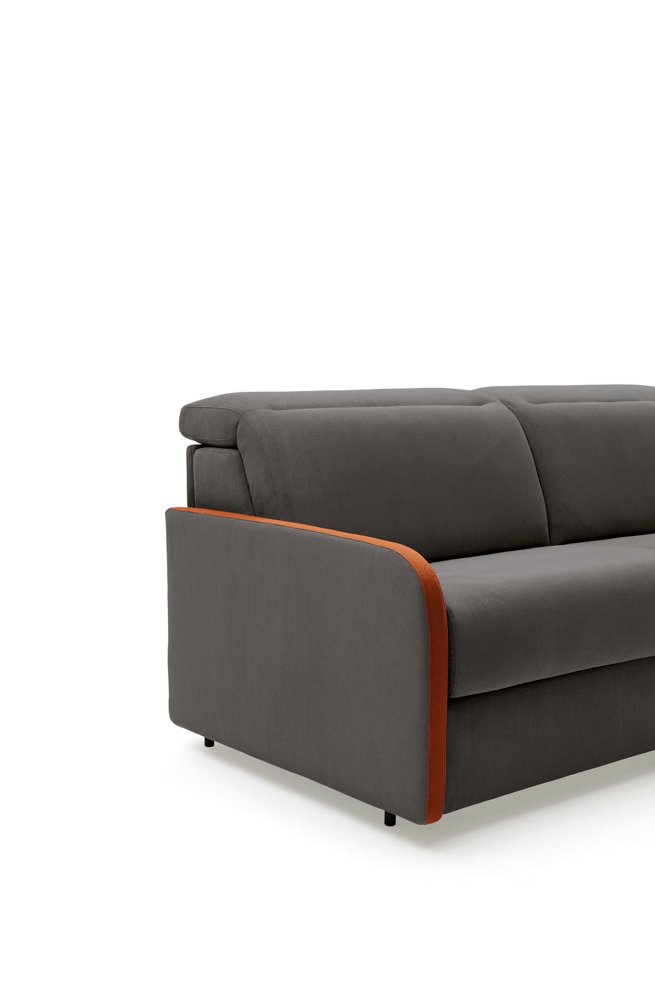 Detail of the Happy armrest of the Barbados sofa bed in a darker gray version with orange edging