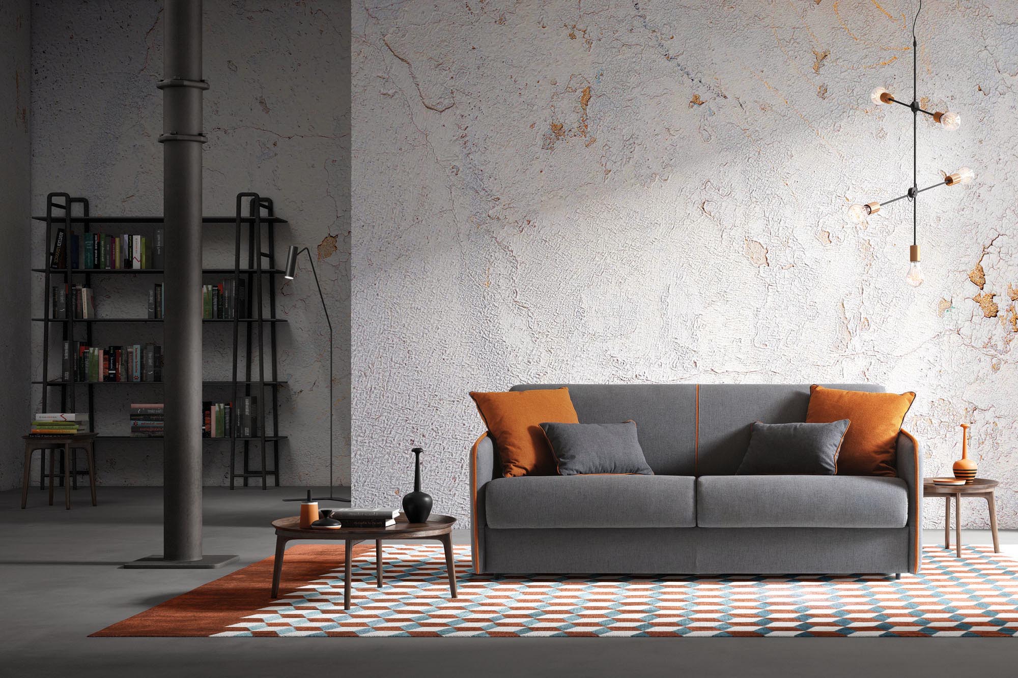 Modern living room furnished with a dark gray sofa bed with contrasting orange edging. Contemporary style