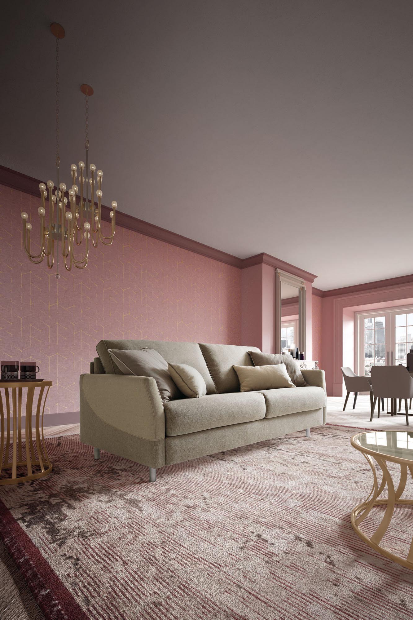 Three-seater sofa with two-tone armrest in removable and washable fabric