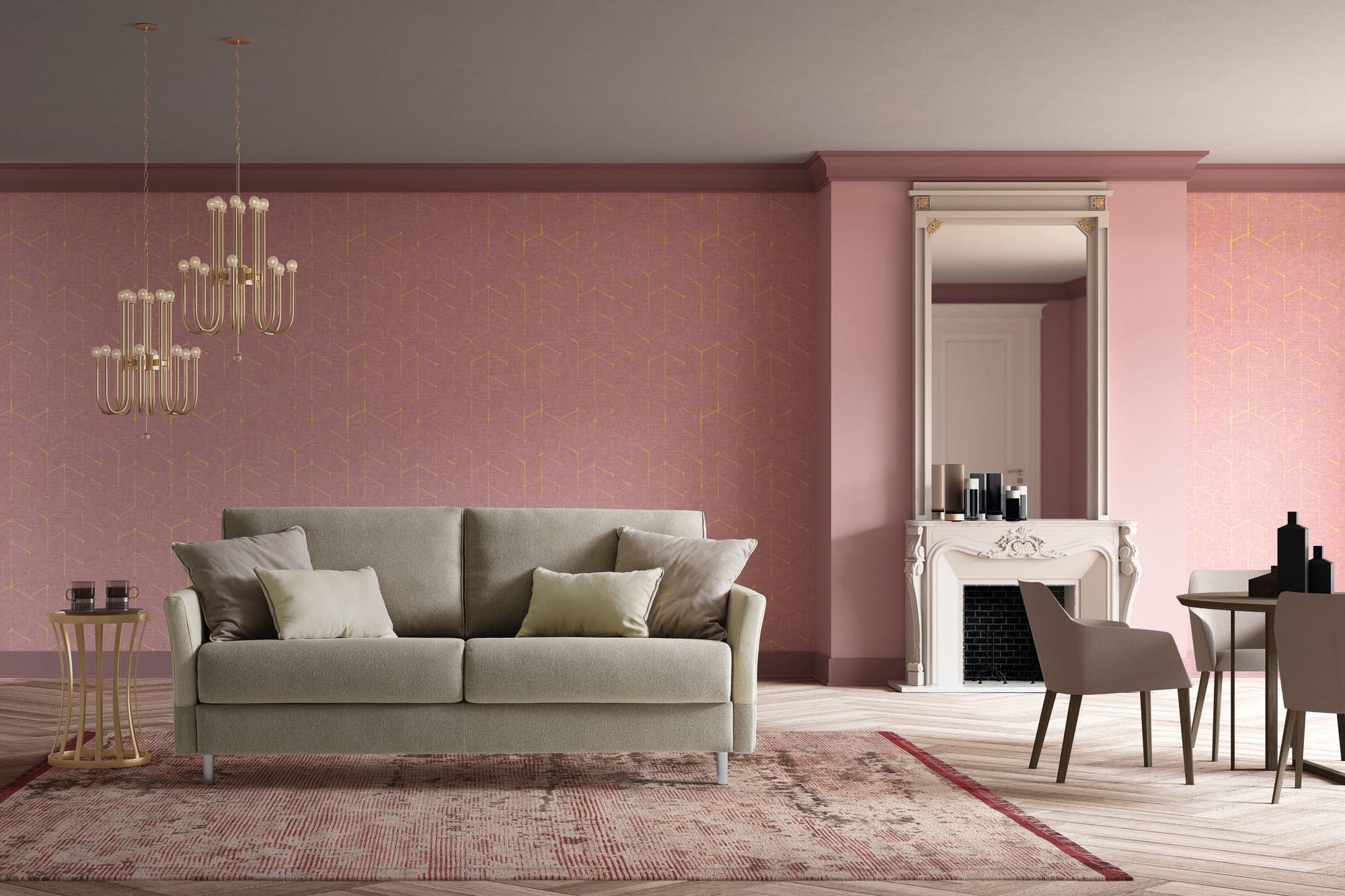 Removable sand-colored fabric sofa bed with contrasting cushions. Classic style adopted in a classic setting