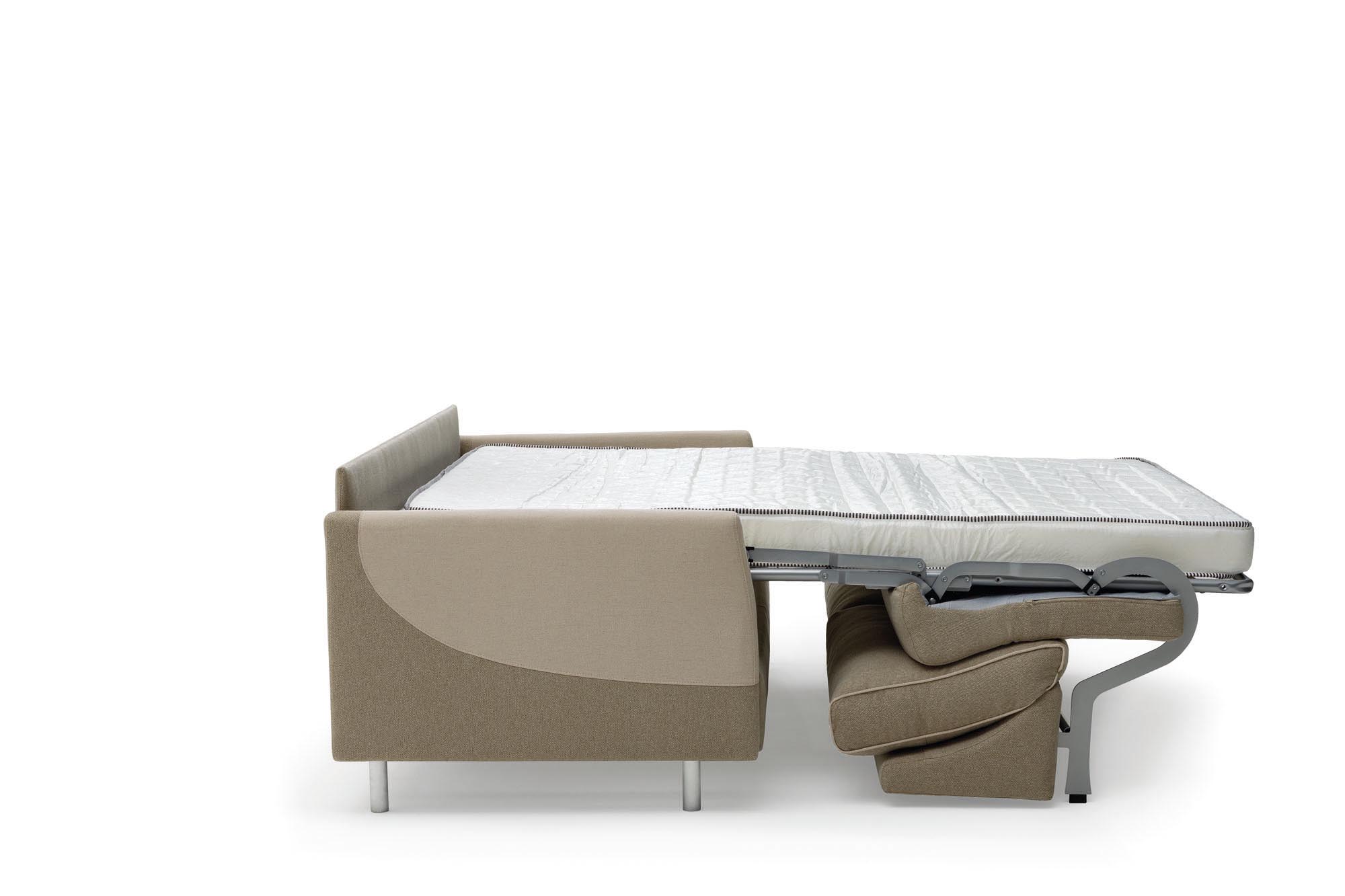 Sofa bed with open bed mechanism and thick, visible mattress