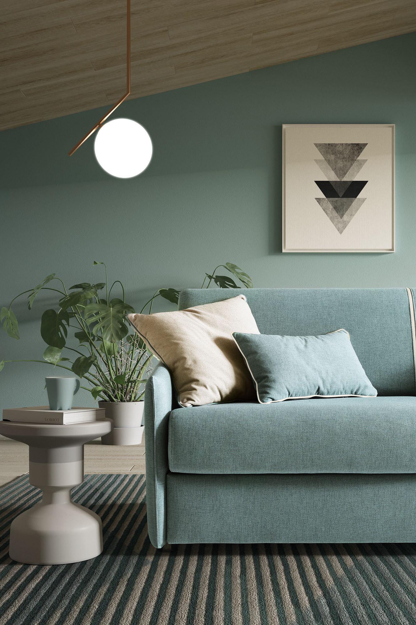 Detail of the seat of a two-seater sofa with light blue space-saving armrests