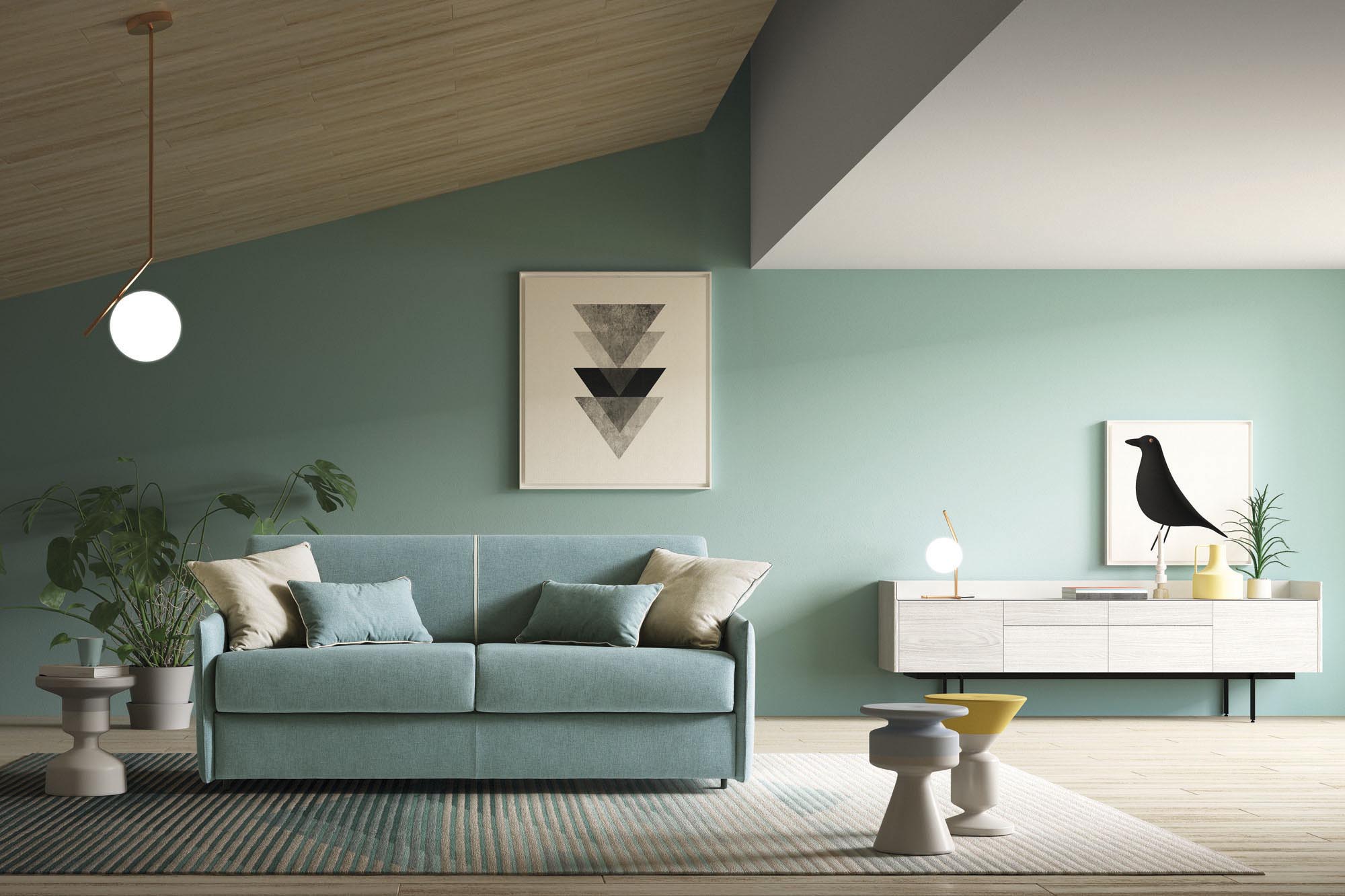 Two-seater convertible sofa in aqua green with contrasting profiles in a small and minimal living room