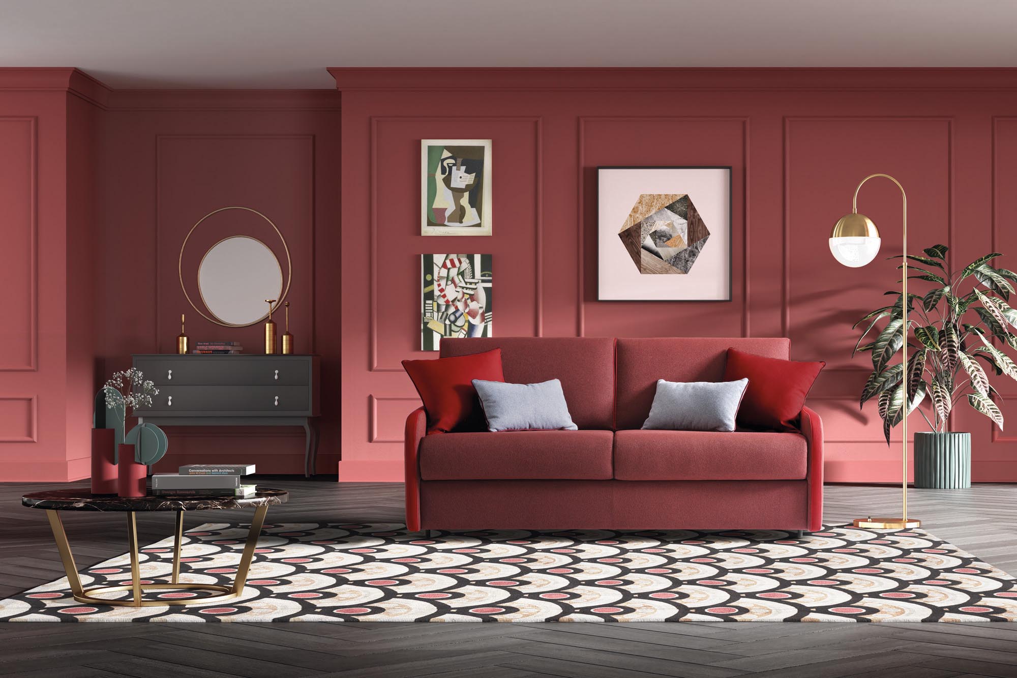 Elegant red sofa bed with thin armrests in a classic style living room