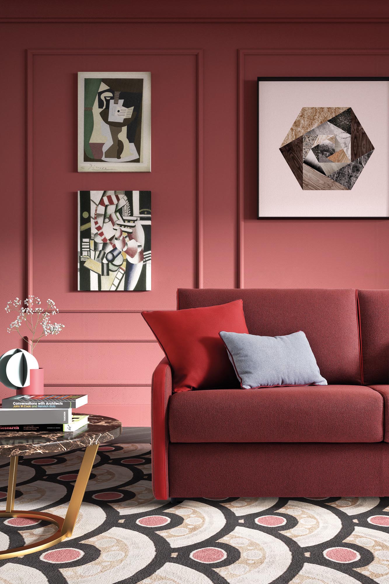 Detail of the seat of a two-seater sofa in burgundy red color in removable and washable fabric