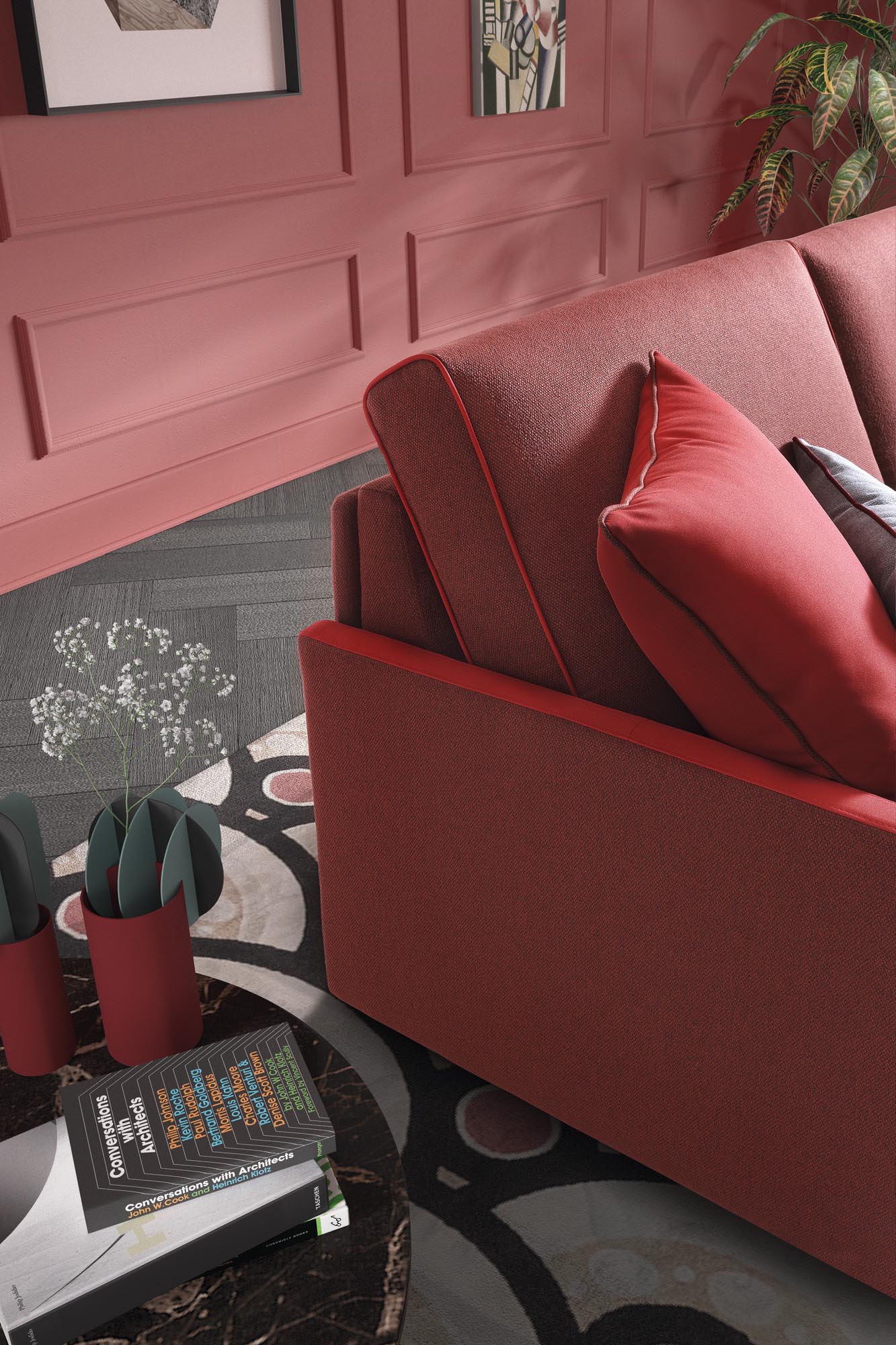 Detail of the two-tone fabric with contrasting perimeter piping