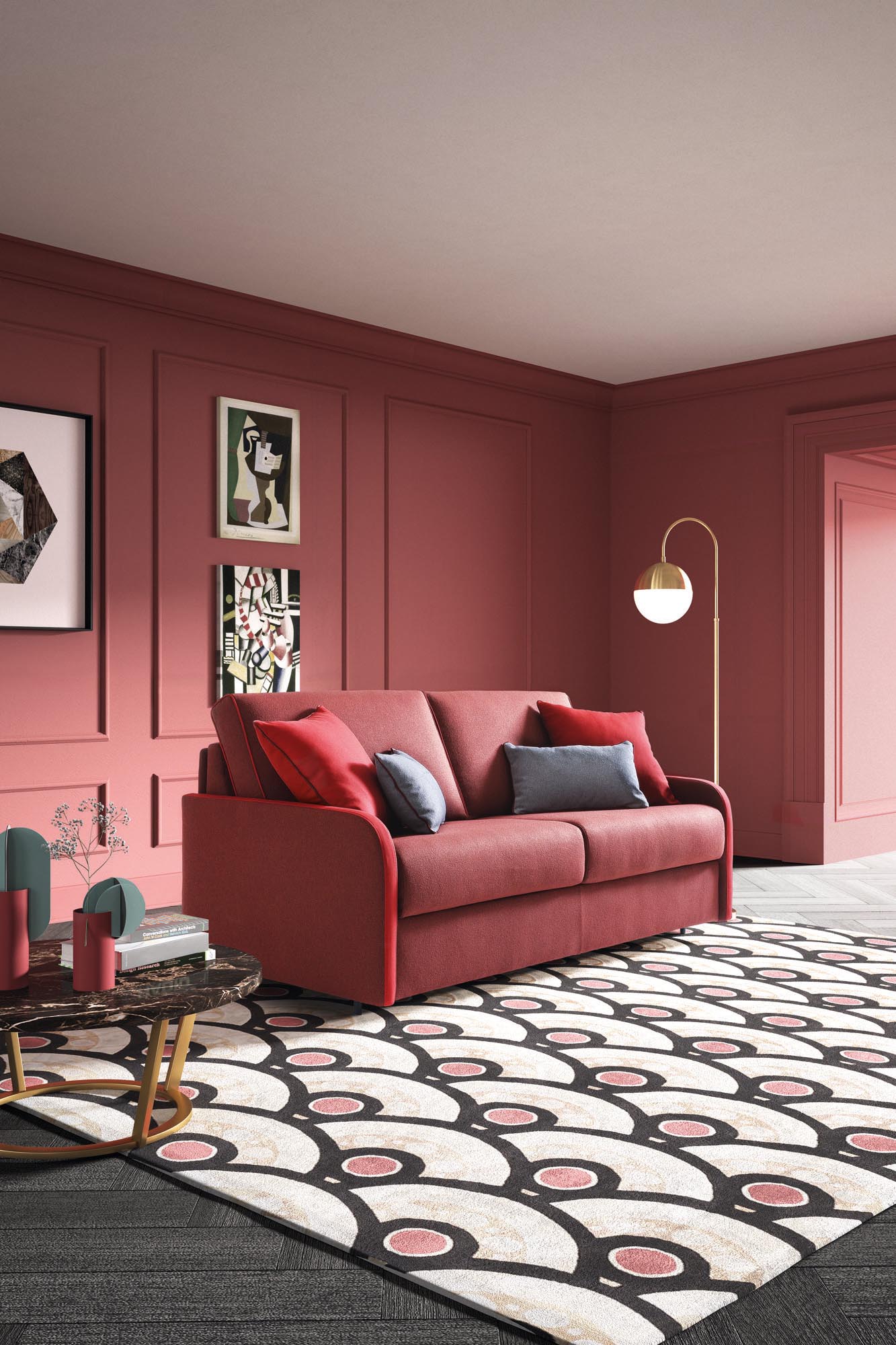 Classic-modern style living room with a two-seater sofa that can be transformed into a bed