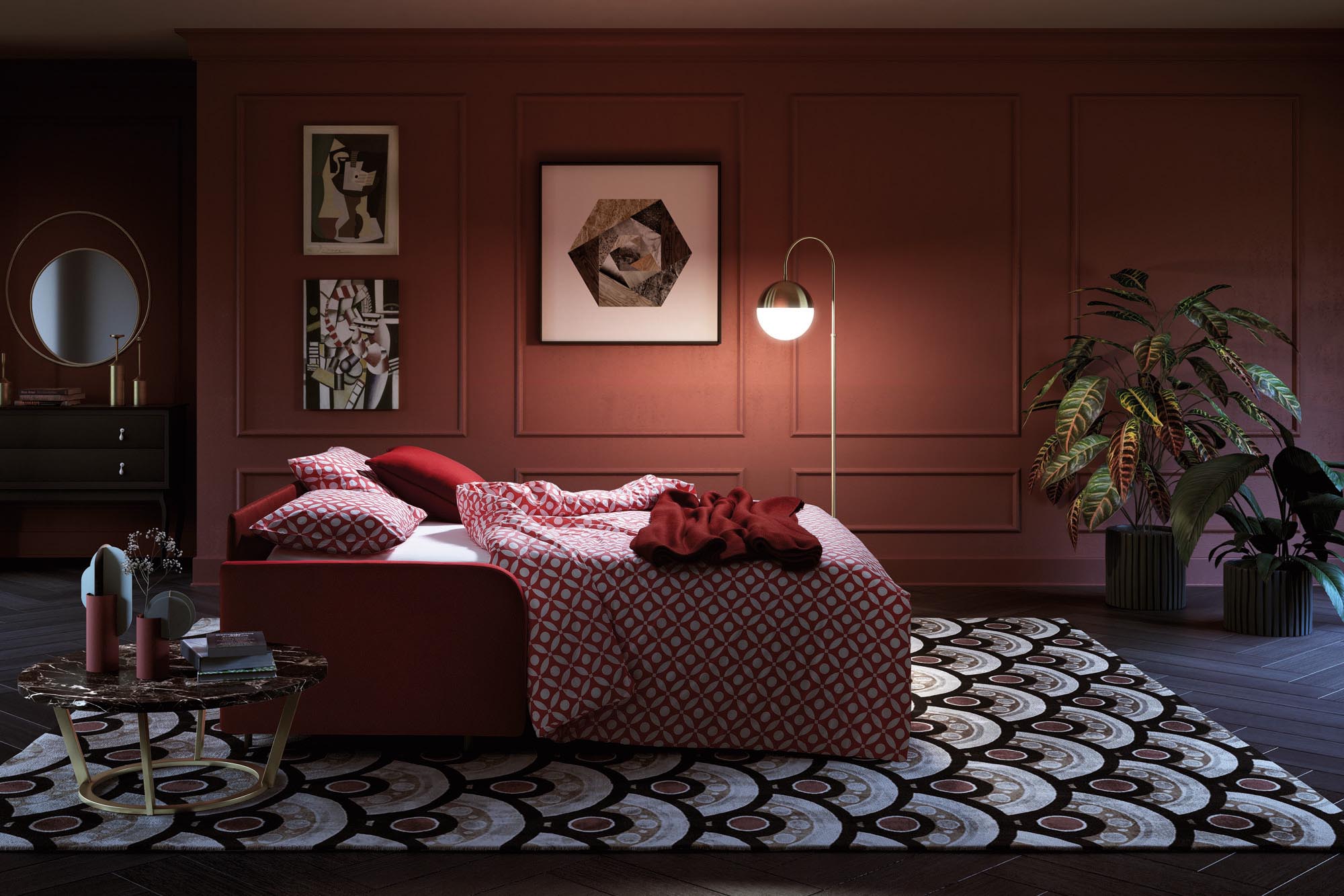 Santorini sofa opened in bed mode with comfortable and resistant mattress and electro-welded base