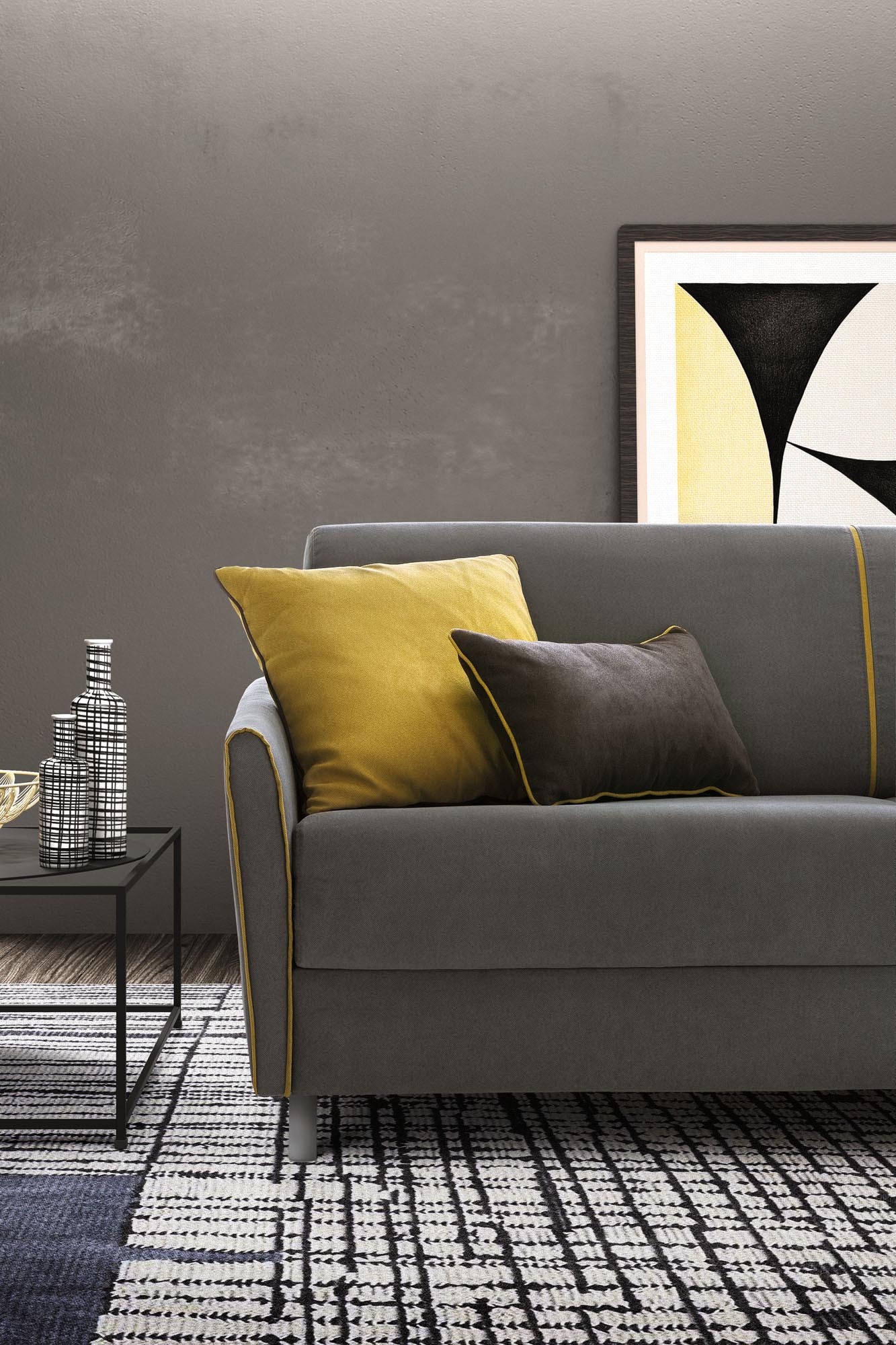 Detail of the contrasting piping that runs along the entire perimeter of the sofa