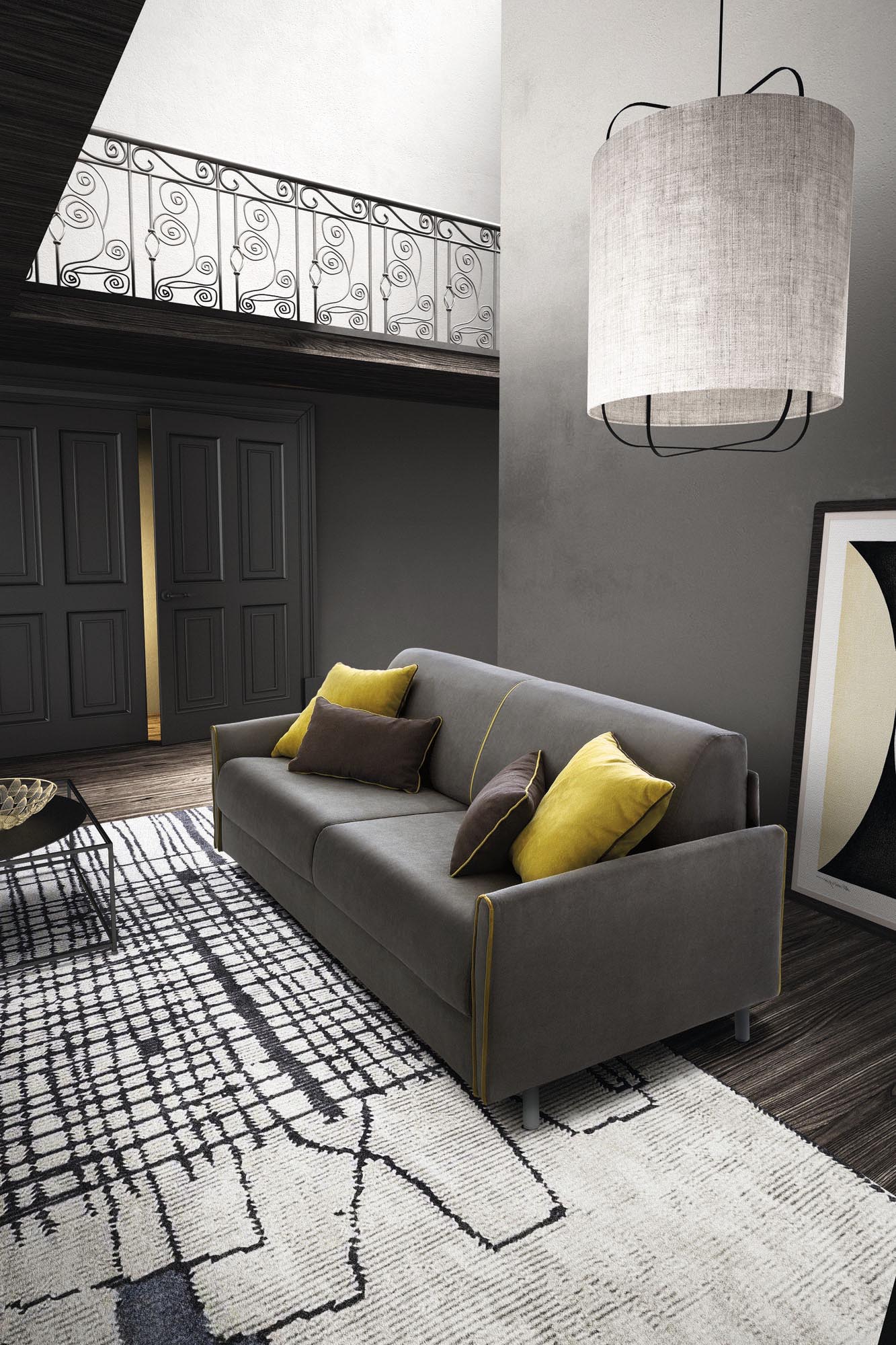 Two-seater sofa upholstered in smooth dark gray fabric with yellow and gray cushions