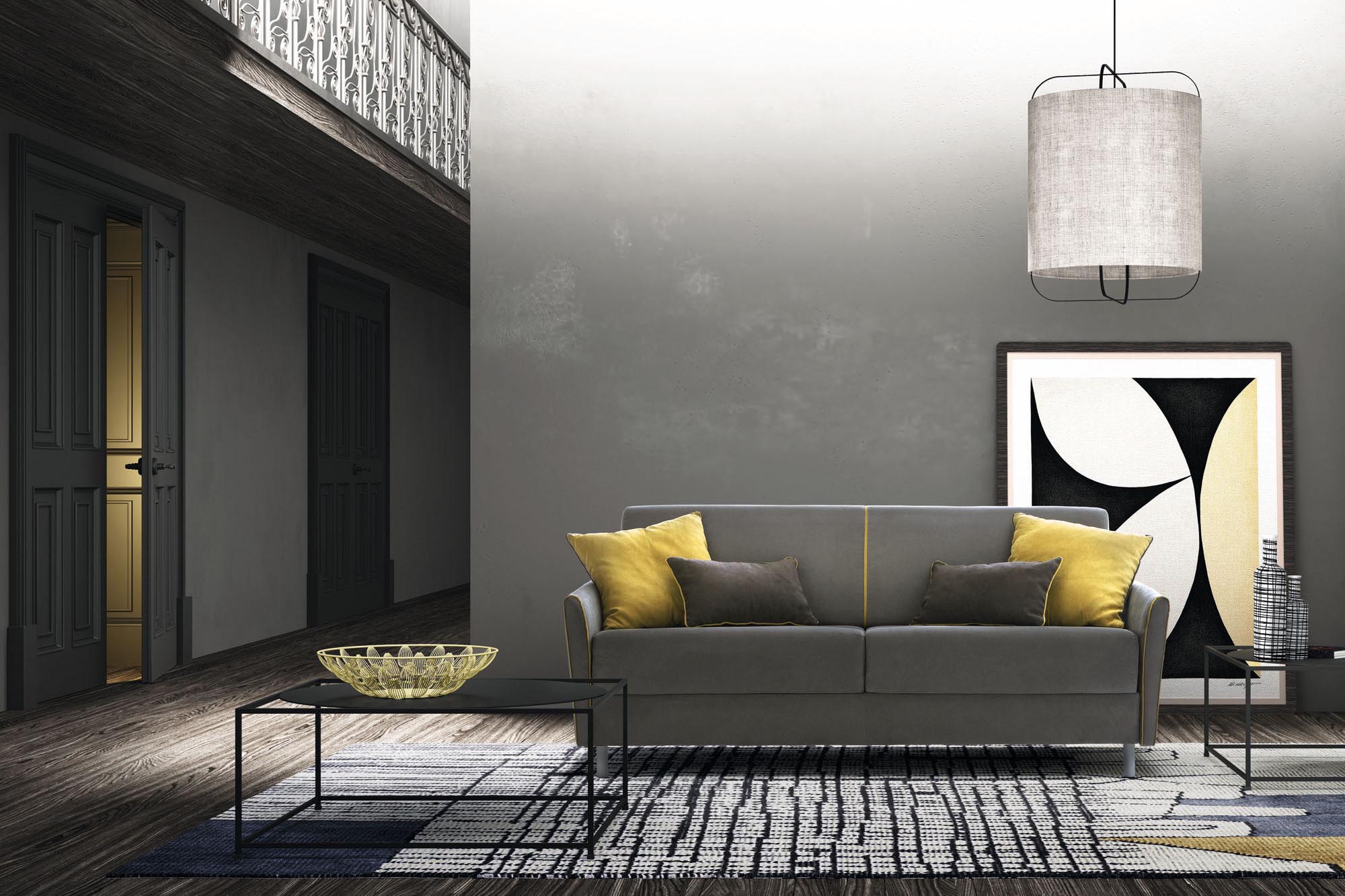 Two-seater sofa with bed mechanism featuring contrast piping