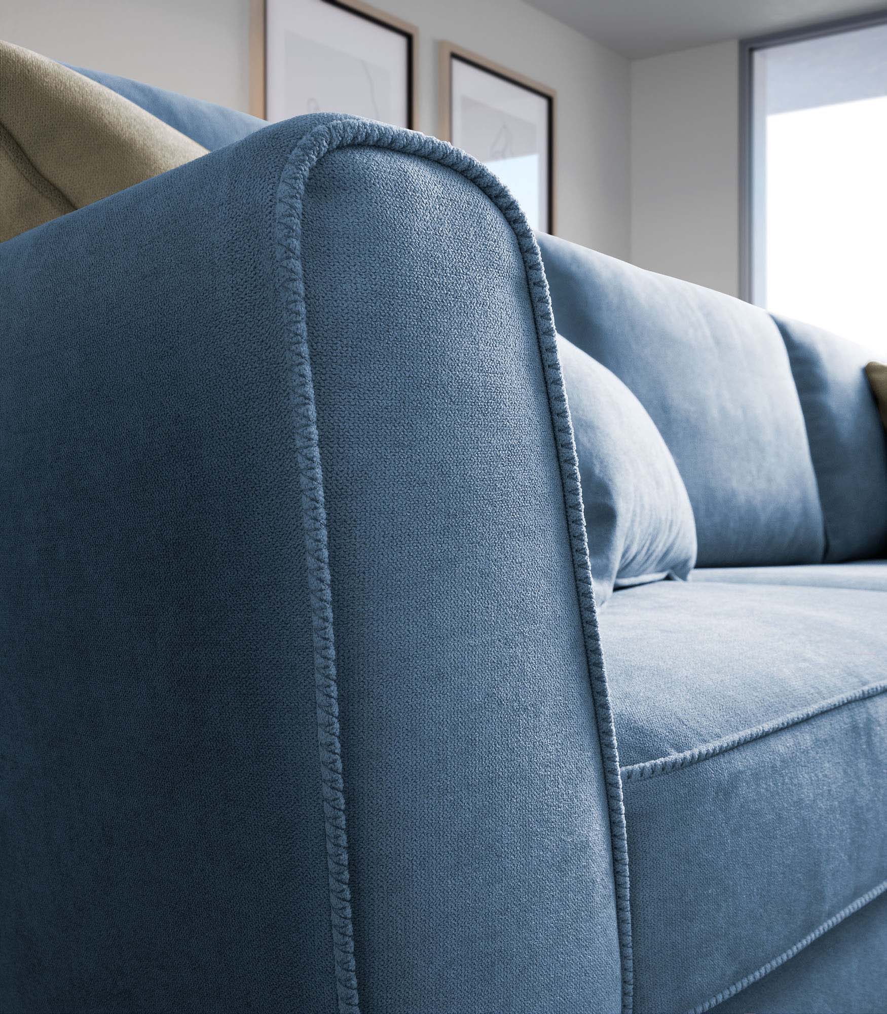 Visible stitching of a blue sofa