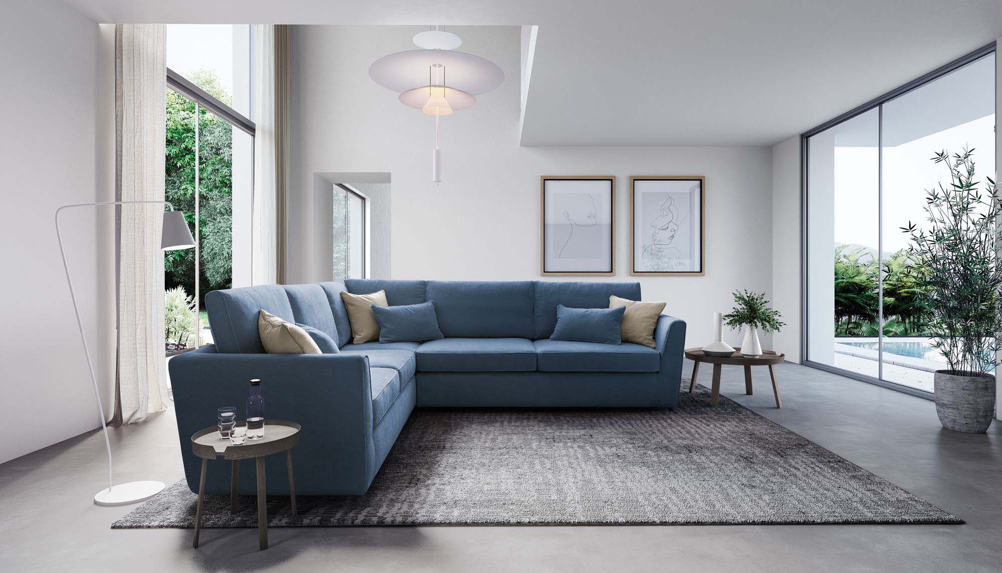 Room furnished with a large blue corner sofa.
