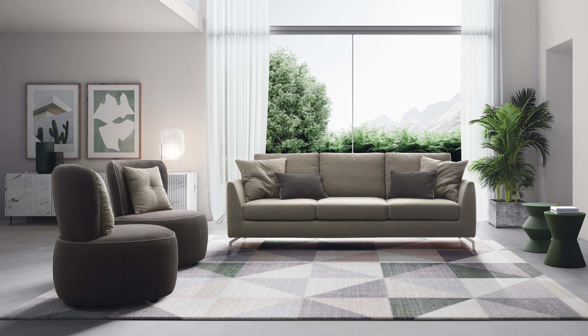 Living room with a light green fabric three-seater sofa