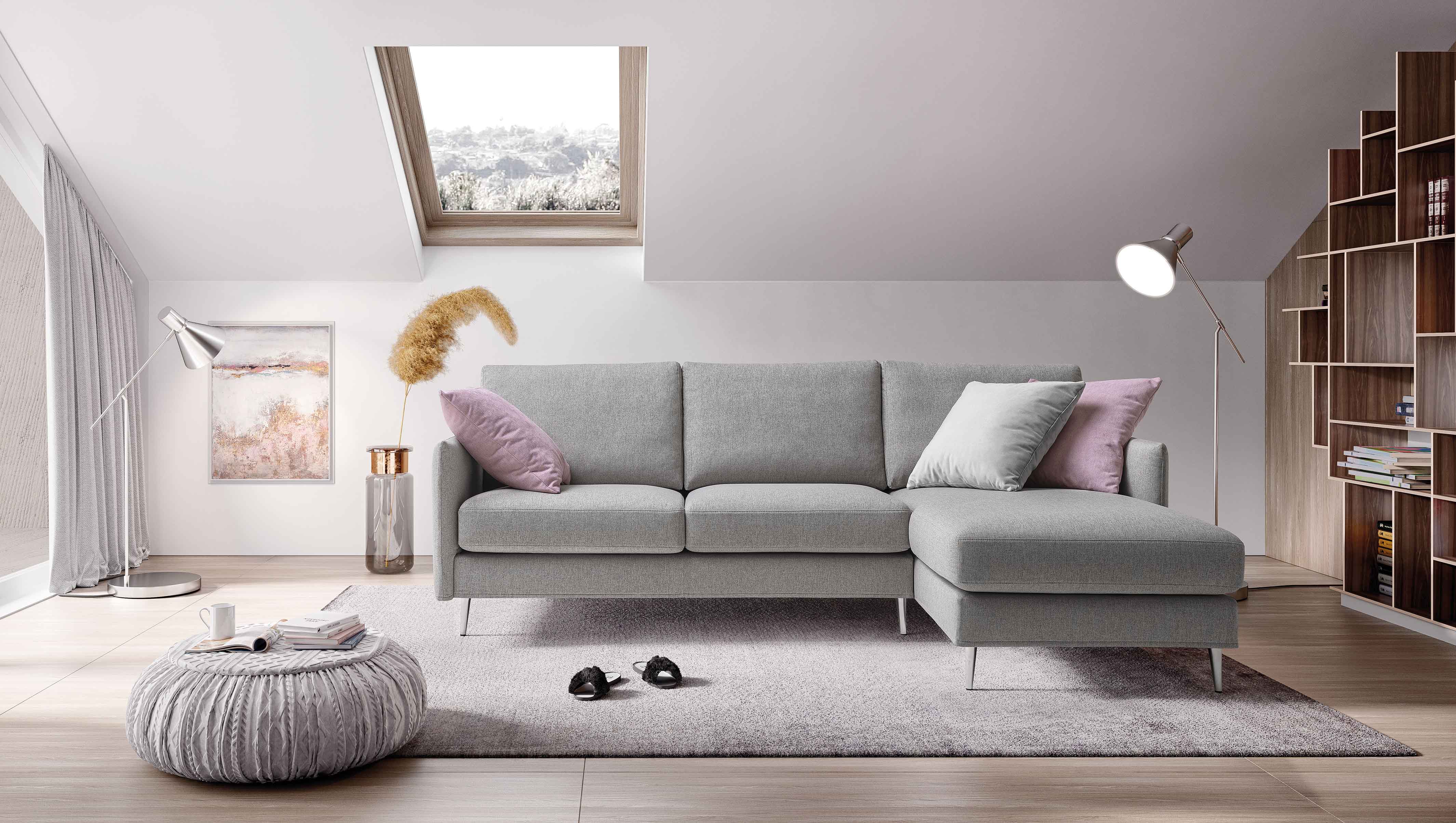 Three-seater sofa with peninsula and high metal feet