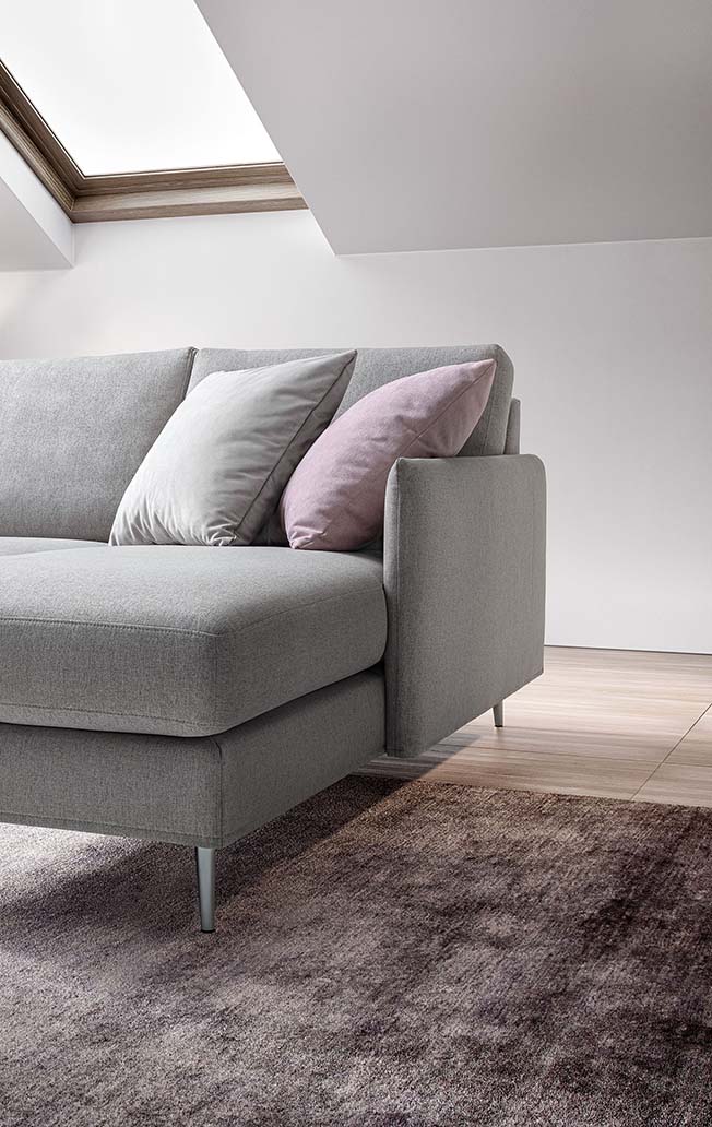 Chaise longue of a space-saving sofa in removable and washable fabric
