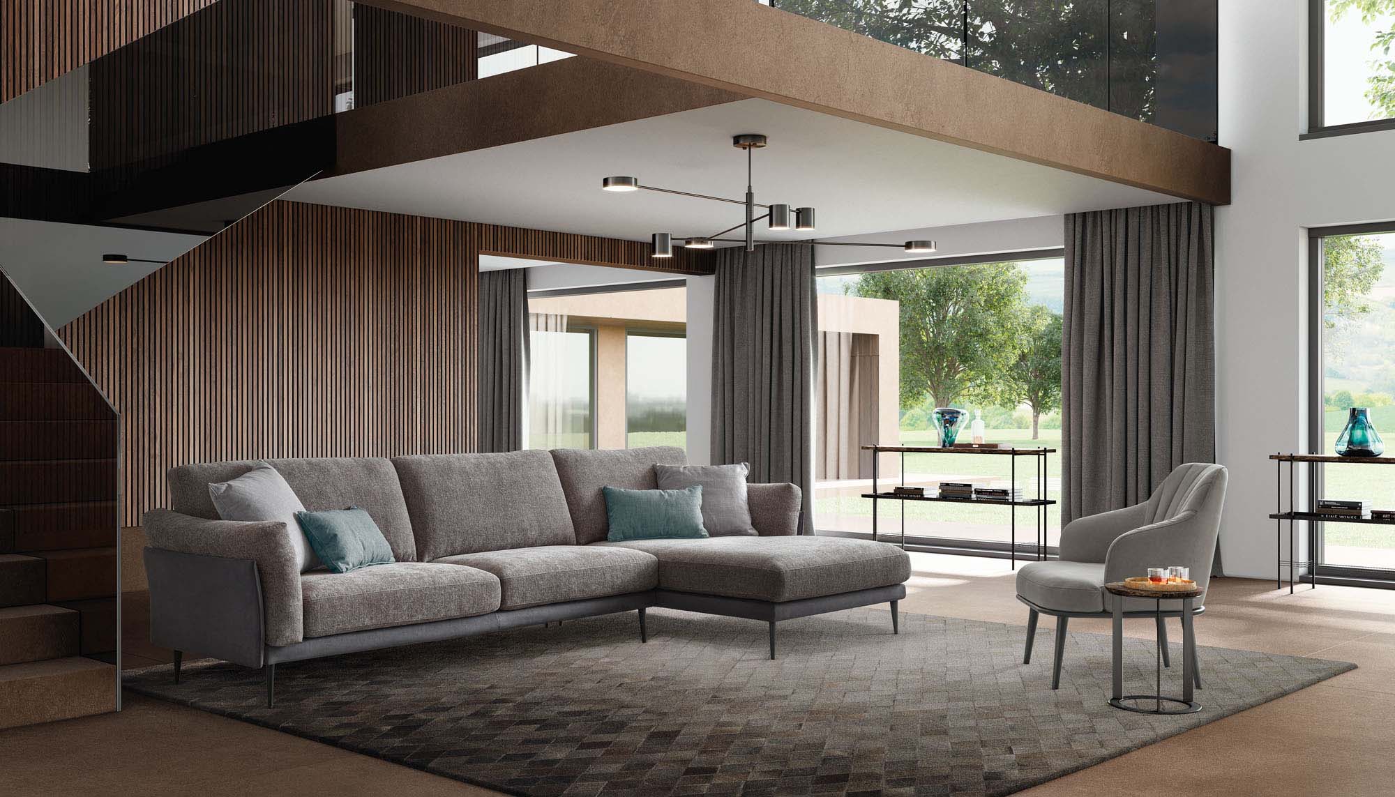 Luxury modern house furnished with a design sofa with high legs and slim structure