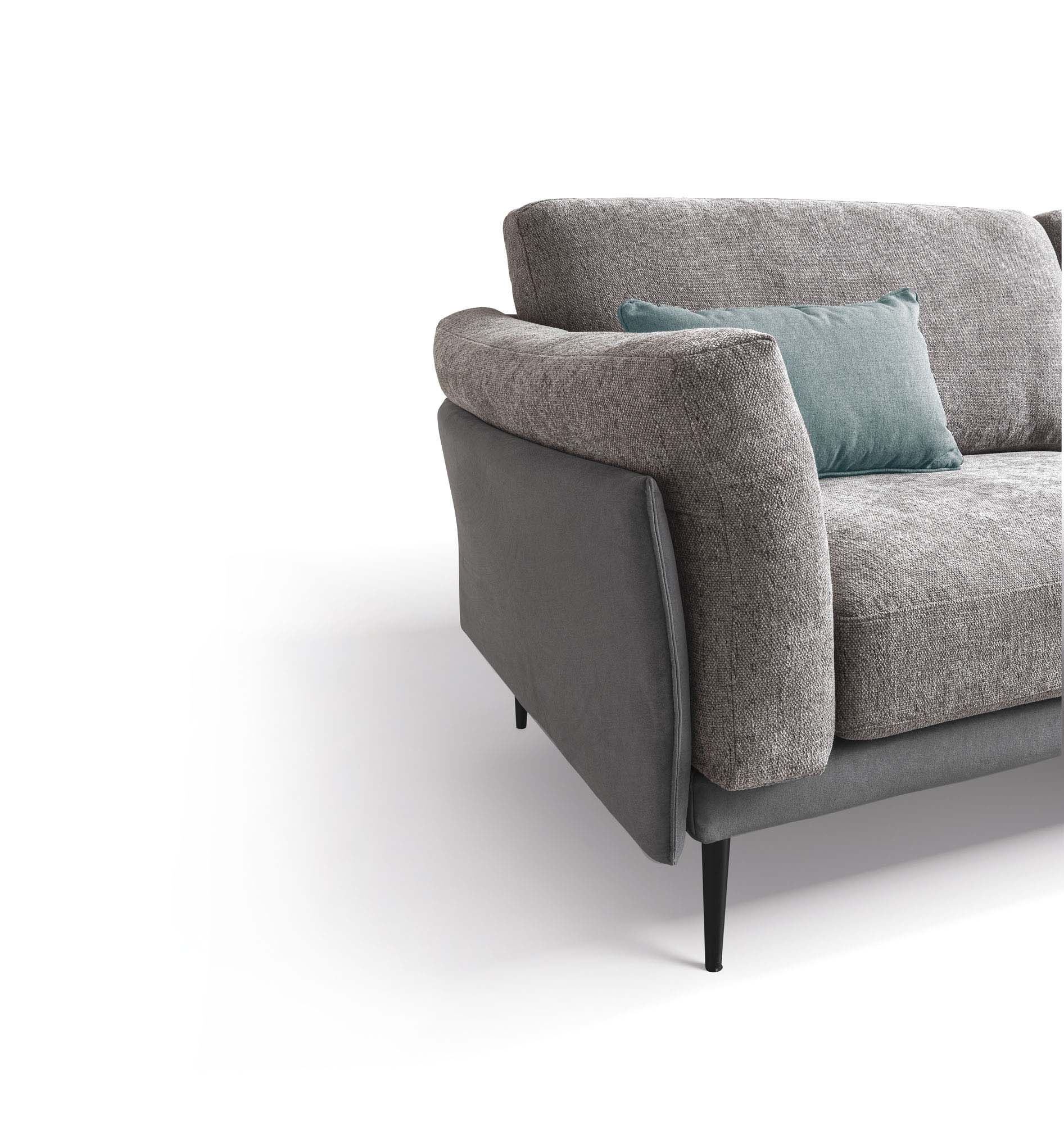 Design grey sofa with cushion armrest supported by a slim structure