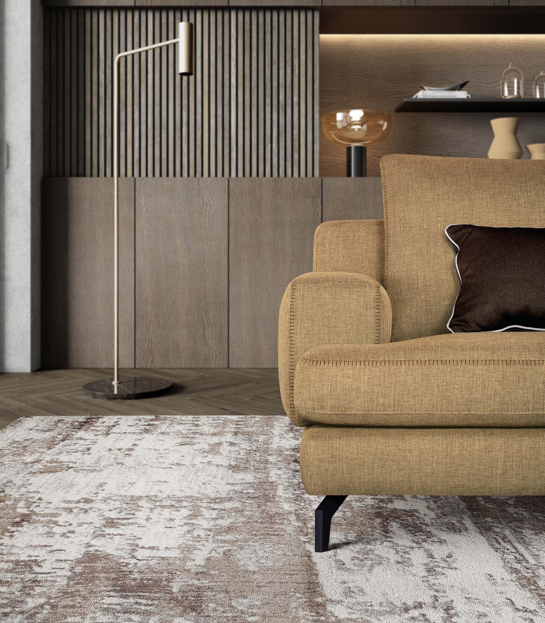 Comfortable mustard-colored sofa with visible stitching