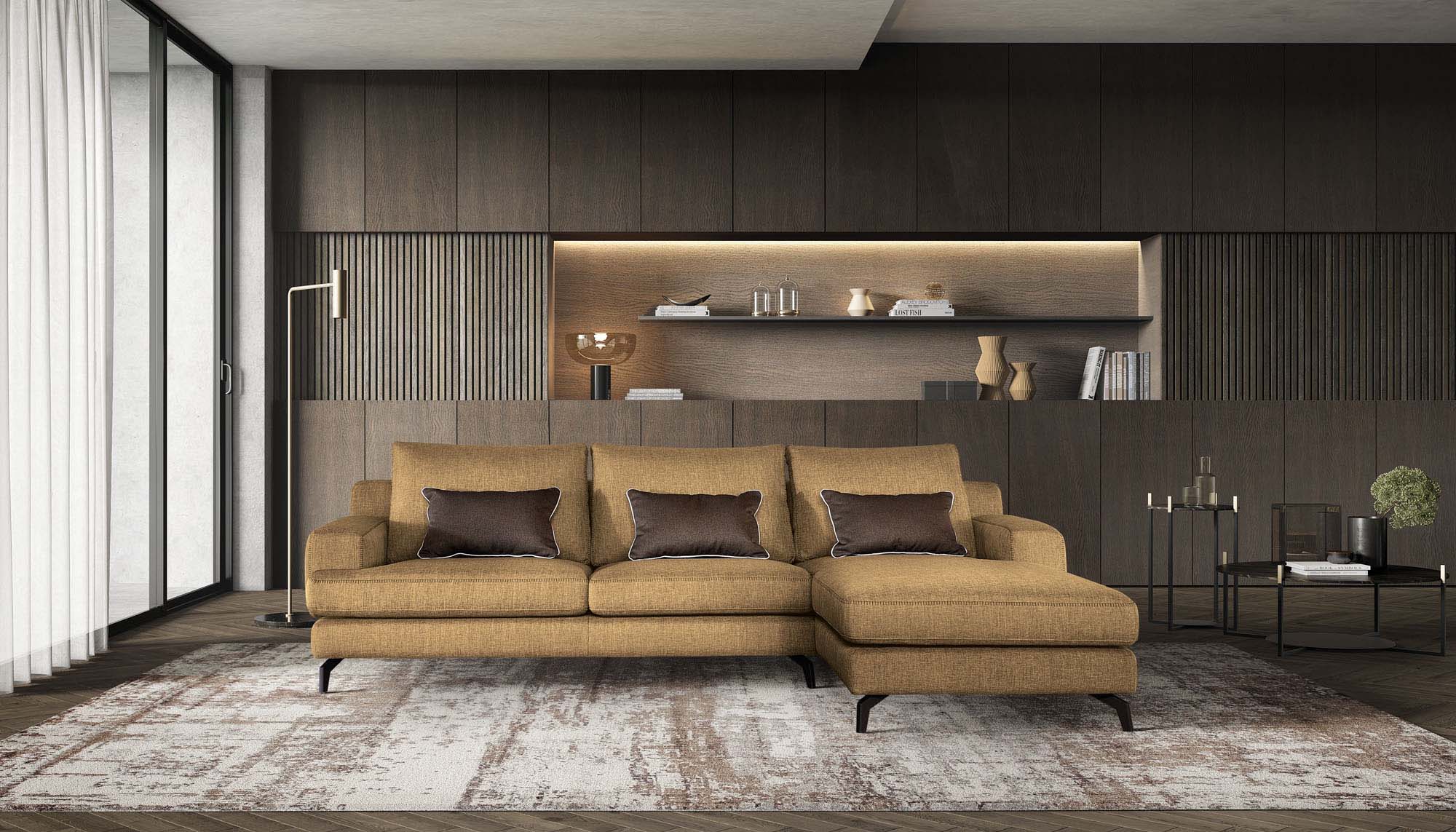 Modern living room furnished with a mustard-colored sofa with designer legs
