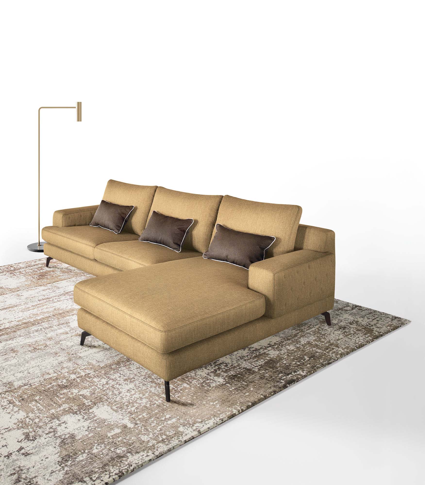 Sofa with a large chaise longue, high legs and removable and washable covering