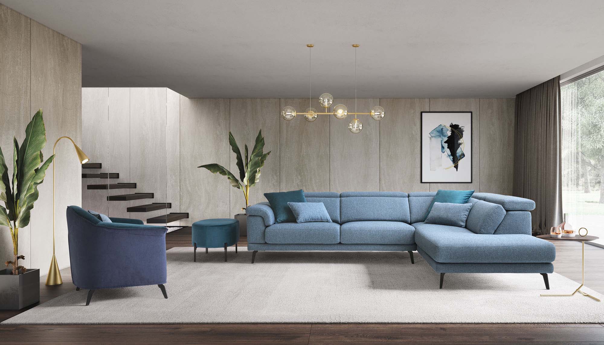Living room furnished with a light blue corner sofa with high legs