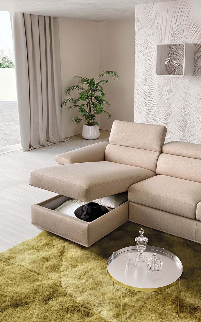 Open storage chaise-longue and extended headrest
